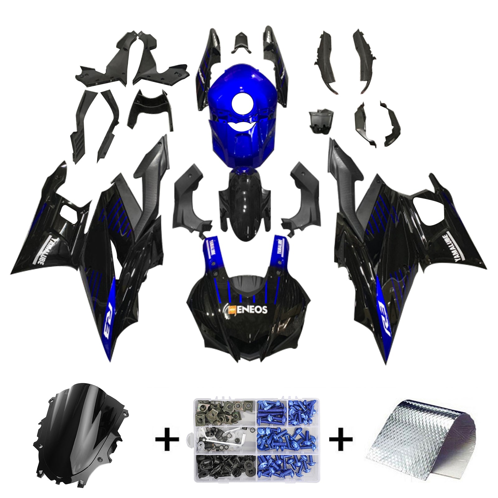 Kit de carénage Amotopart Yamaha 2019-2021 YZF R3/YZF R25 noir et bleu Style9