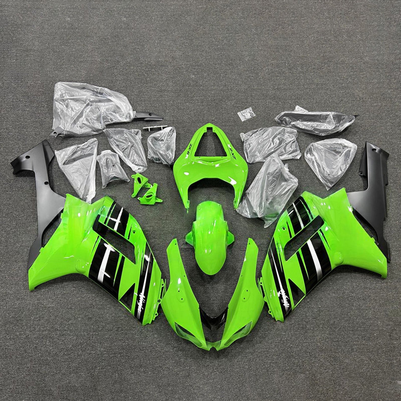 Amotopart 2007-2008 Kawasaki ZX6R 636 Green Balck Fairing Kit