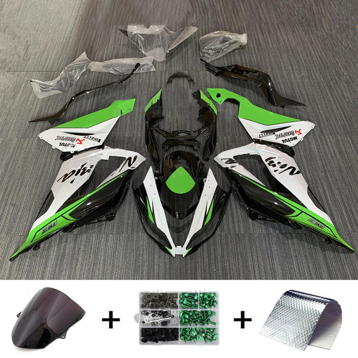 Kit de carenado Amotopart Kawasaki ZX6R 636 2013-2018 verde y blanco