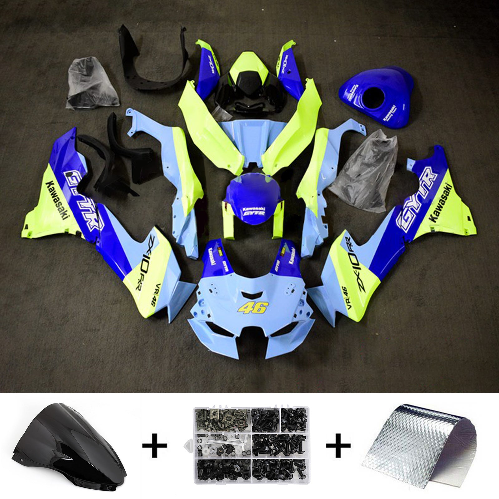 Amotopart 2021-2024 ZX-10R ZX-10RR Kawasaki Kit de carénage bleu et jaune