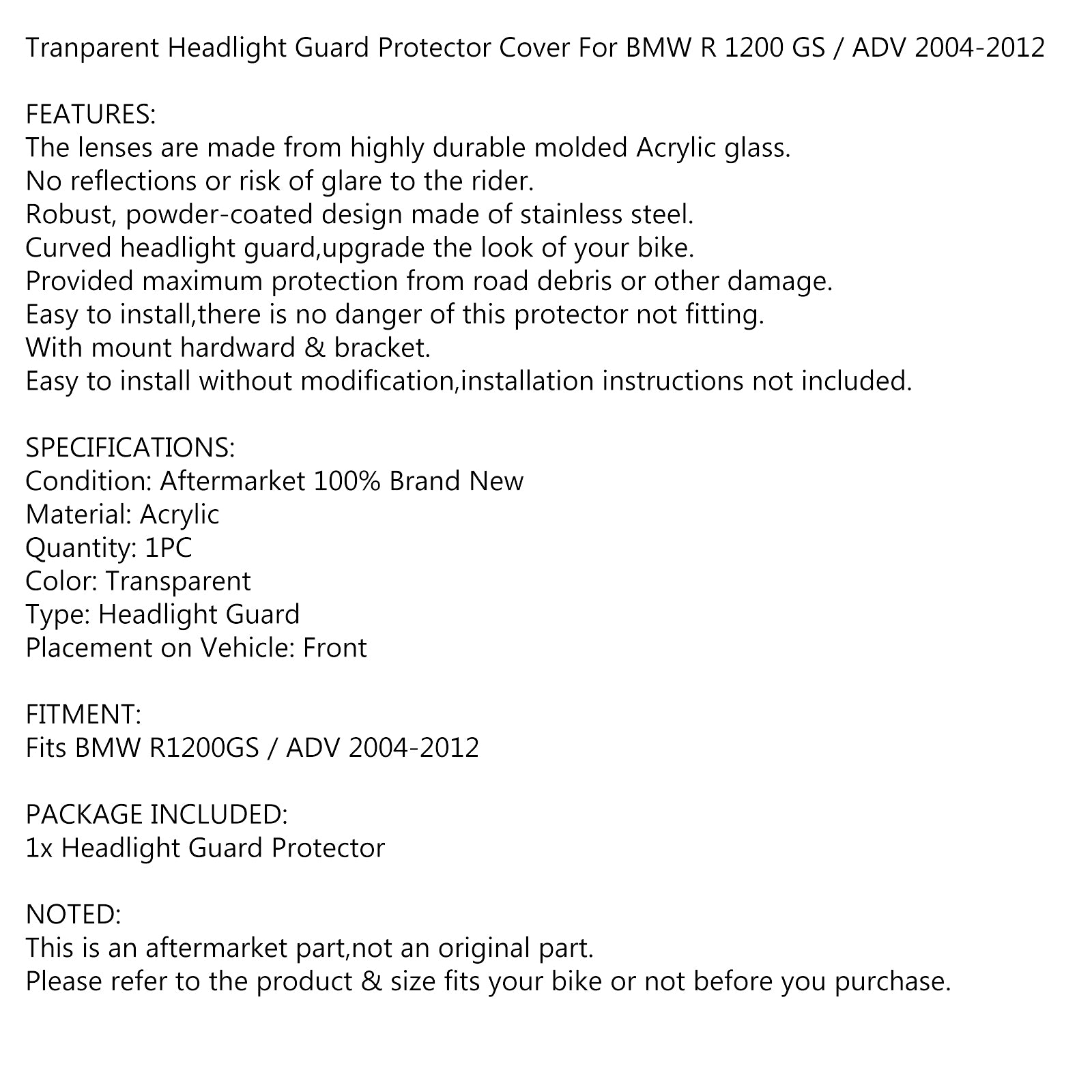 Copertura protettiva per protezione faro trasparente per BMW R 1200 GS / ADV 2004-2012