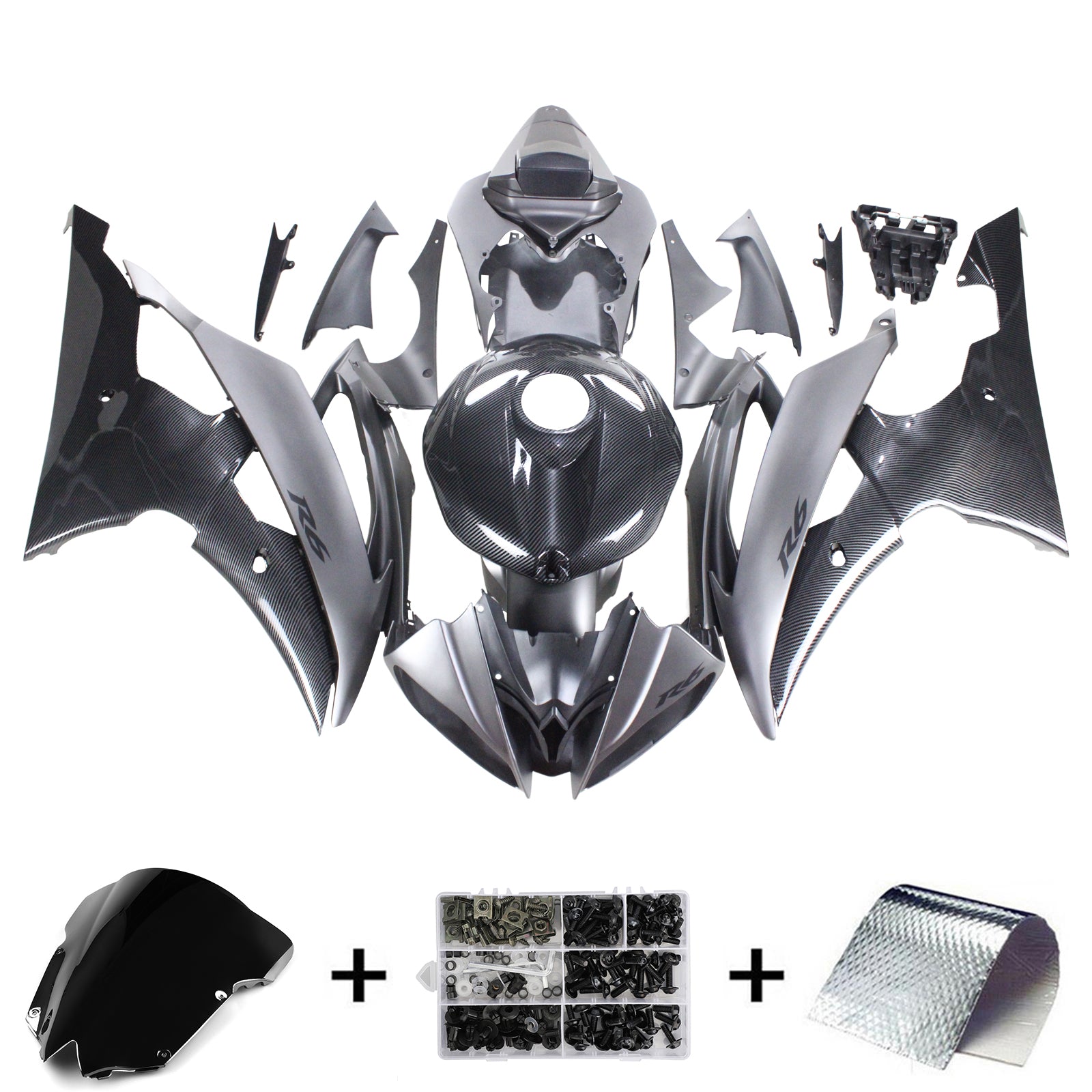 Amotopart 2008-2016 Yamaha YZF 600 R6 Kit de carénage noir et gris en fibre de carbone