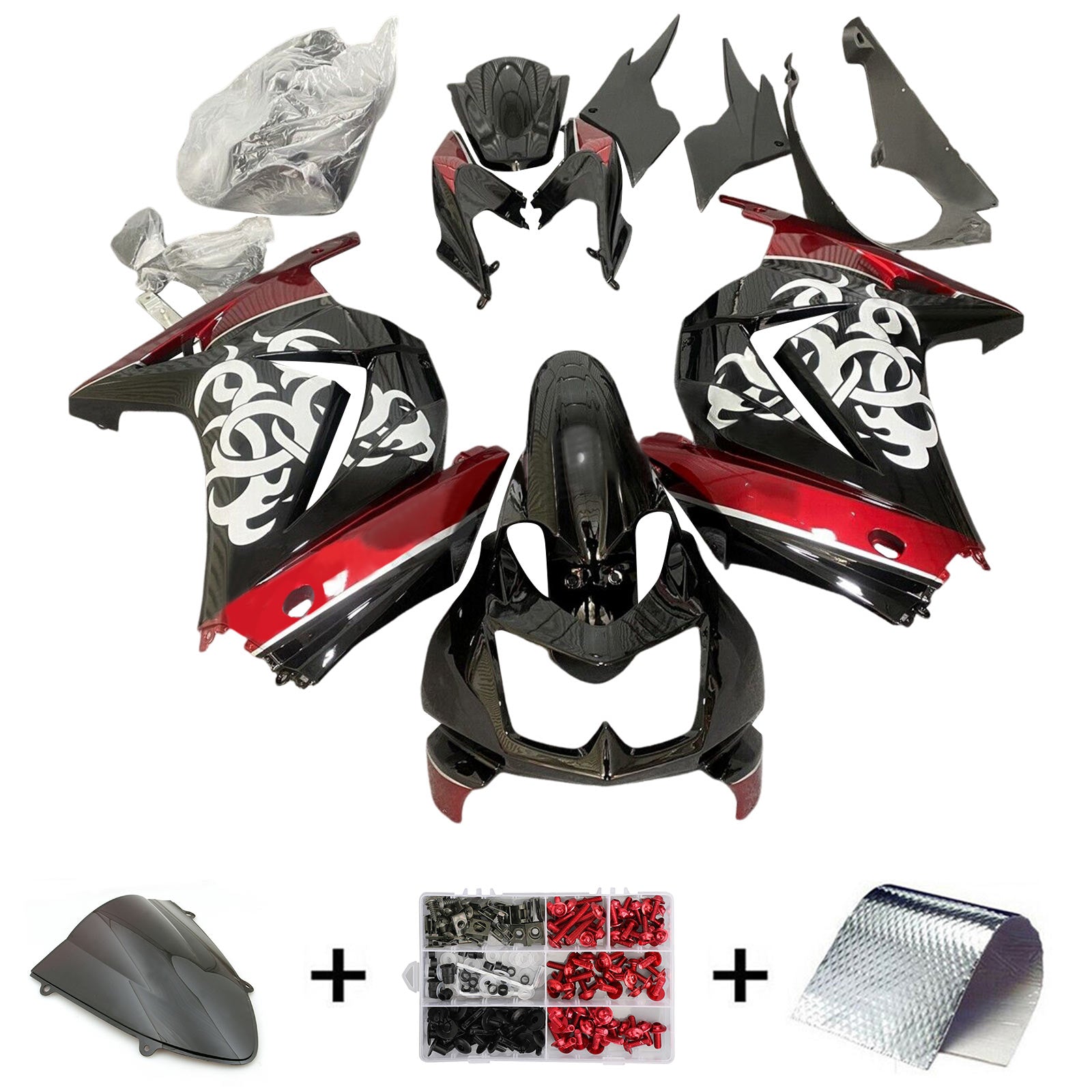 Amotopart 2008-2012 Kawasaki EX250 Ninja250R Kit de carenado negro brillante, rojo y blanco