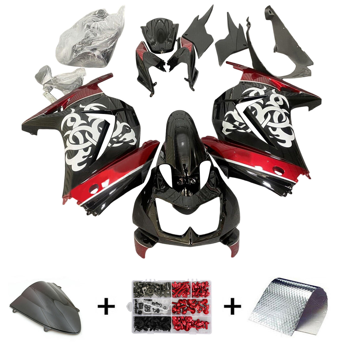 Amotopart 2008-2012 Kawasaki EX250 Ninja250R Kit de carénage noir brillant rouge et blanc