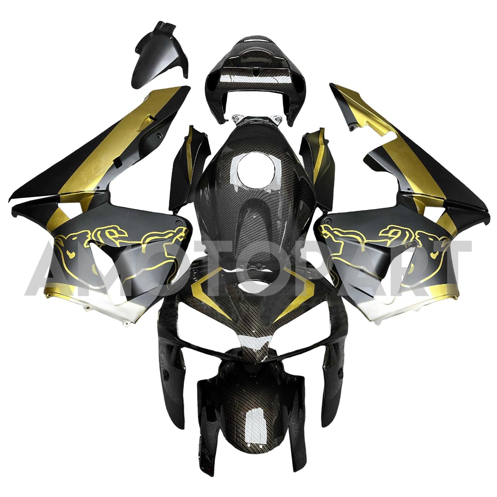 Amotopart 2005-2006 Honda CBR600RR Carbon Fiber Pattern Gold Fairing Kit