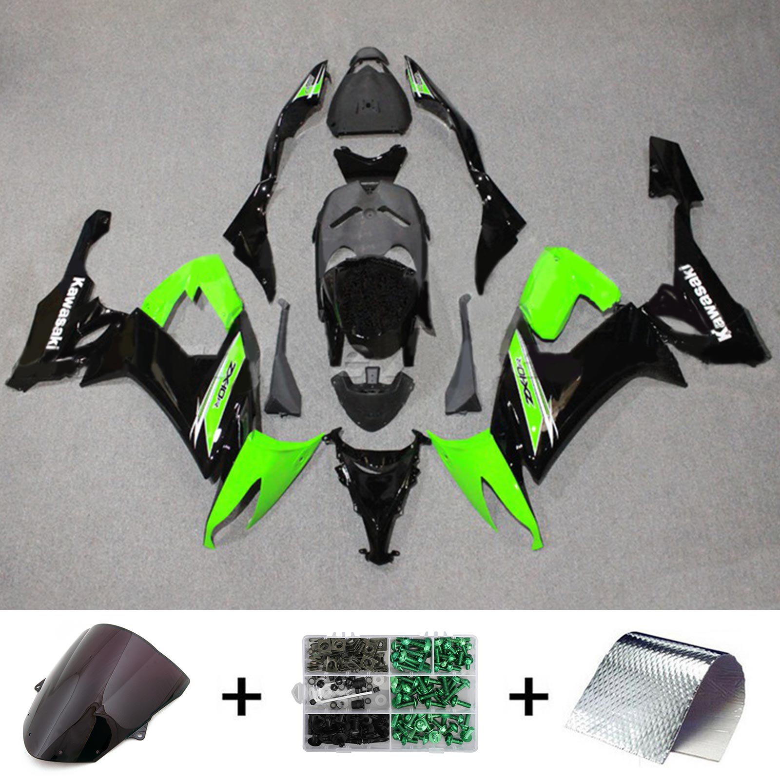 Amotopart 2008–2010 Kawasaki ZX10R Grün &amp; Schwarz Style1 Verkleidungsset