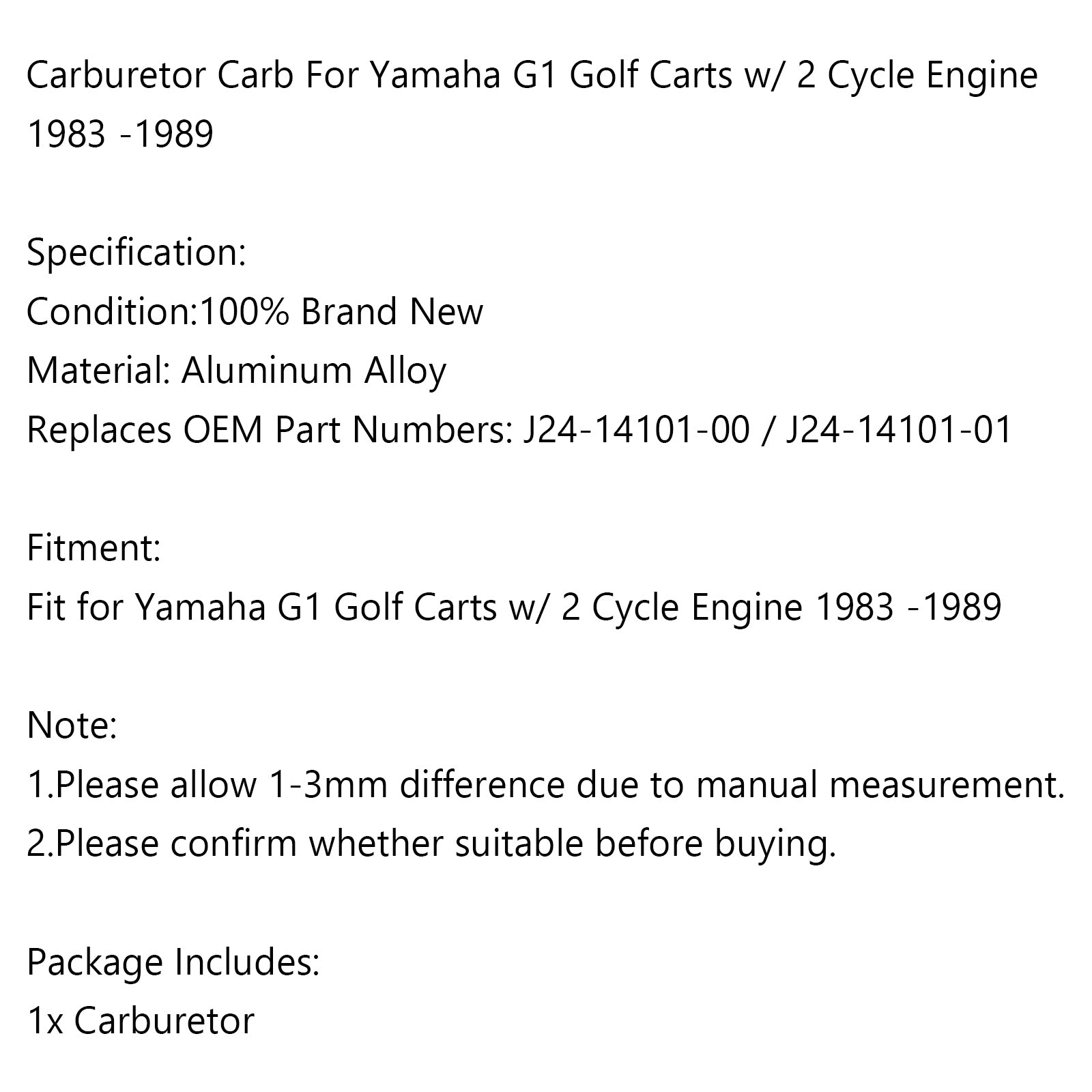 CARBURATORE Carb per carrelli da golf Yamaha G1 1983-1989 J24-14101-00 J24-14101-01