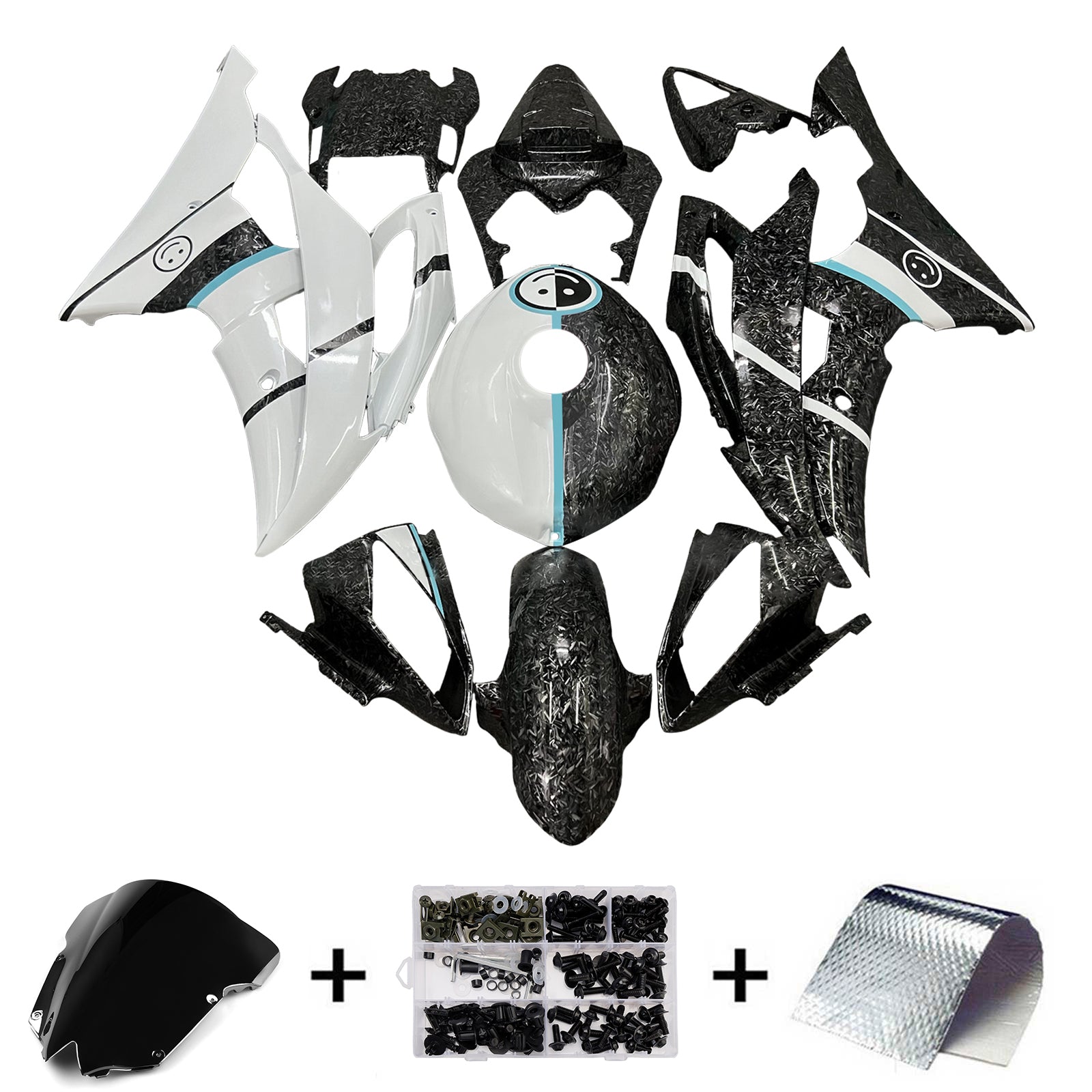 Amotopart 2008-2016 Yamaha YZF-R6 White & Black Forged Carbon Fiber Pattern Fairing Kit