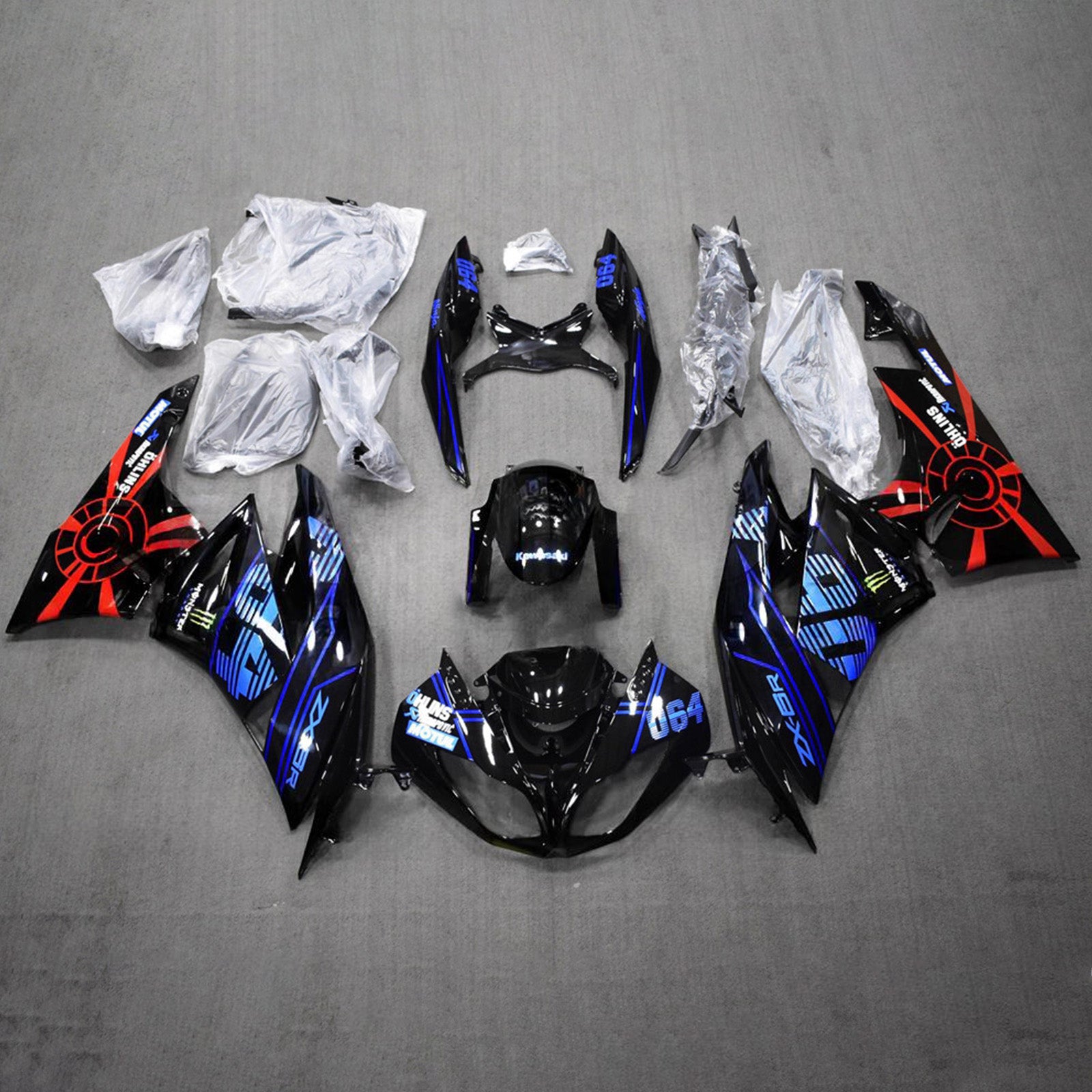 Amotopart 2009-2012 Kawasaki ZX6R 636 Black Blue Red Fairing Kit