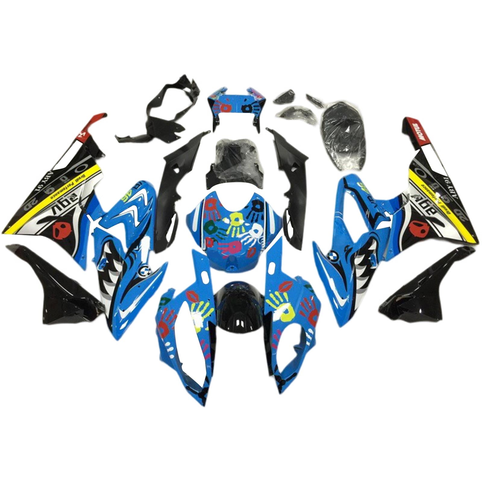 Amotopart BMW S1000RR 2017-2018 Kit de carénage avec dents de requin bleu et jaune Style1