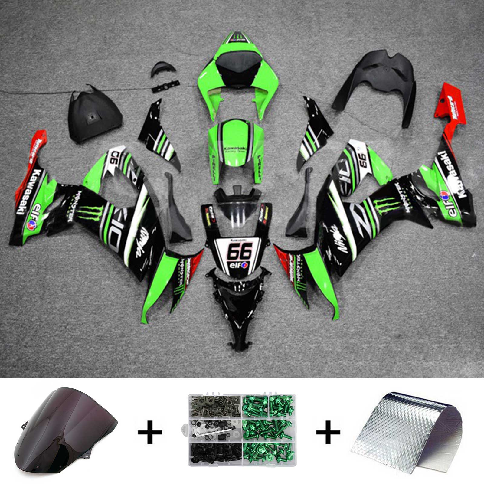 Amotopart 2008–2010 Kawasaki ZX10R Grün &amp; Rot Style5 Verkleidungsset