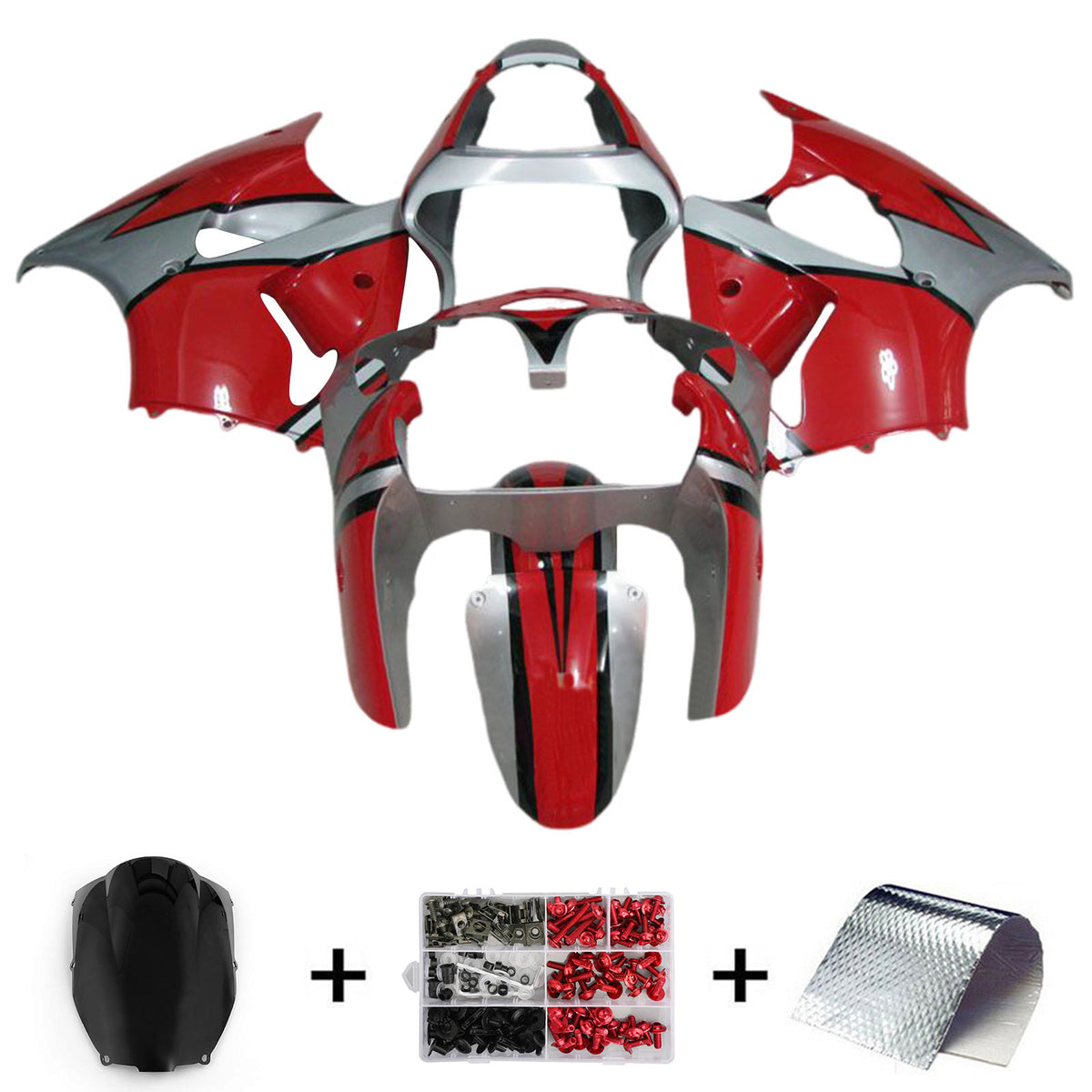 Amotopart 2000-2002 Kawasaki ZX6R 636 & 2005-2008 Kawasaki ZZR600 Kit de carénage rouge gris