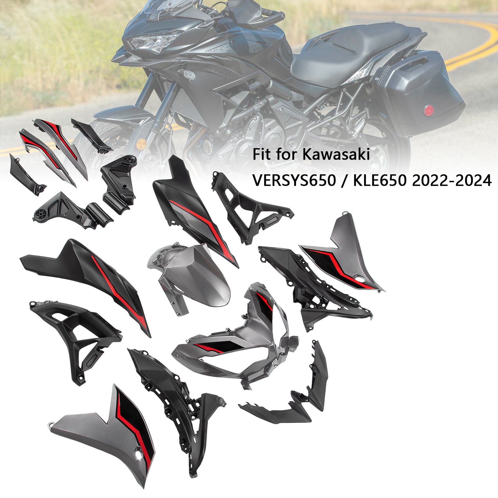 Amotopart 2022-2024 Kawasaki VERSYS 650 KLE ABS Kit de carenado con patrón rojo plateado