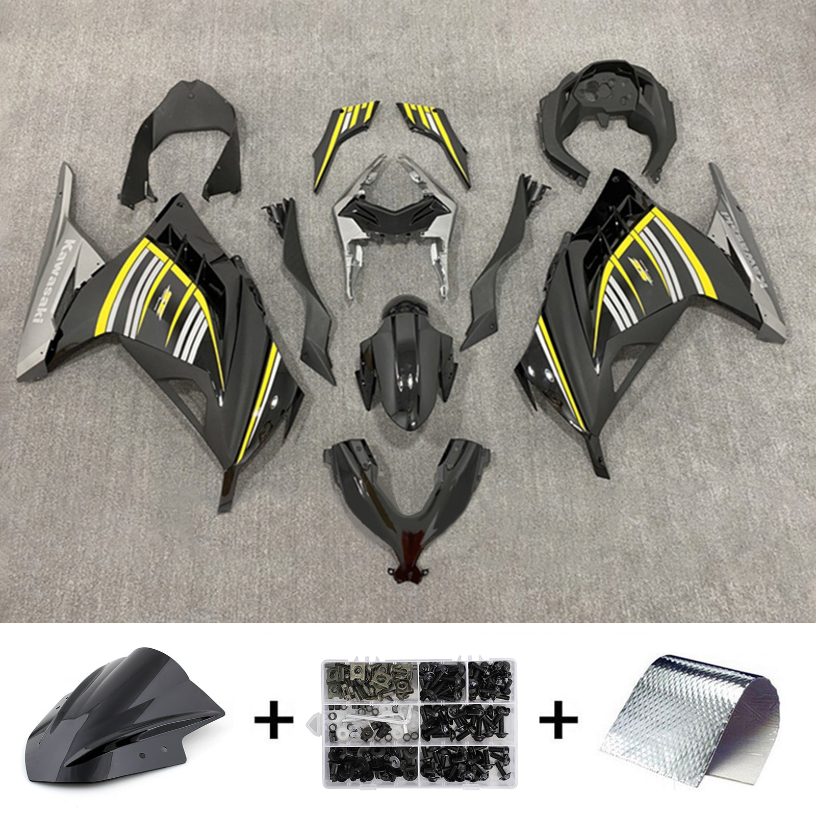 Amotopart 2013-2024 Kawasaki EX300/Ninja300 Verkleidungssatz mit schwarzen und gelben Linien