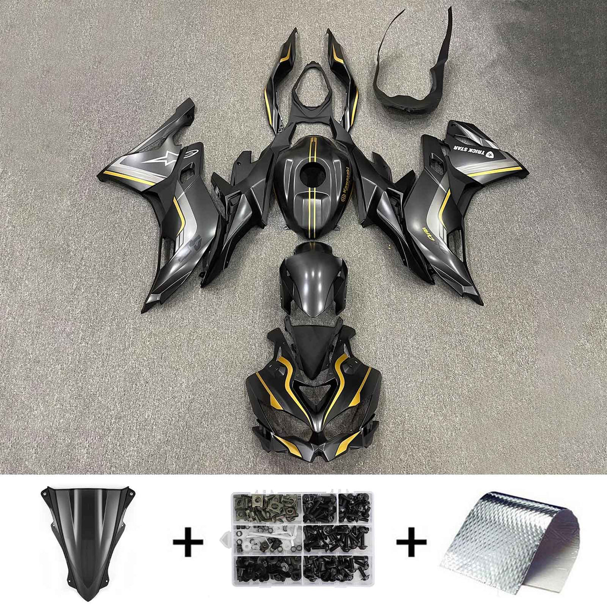 Amotopart 2019-2024 Ninja ZX-25R ZX-4R ZX-4RR Kawasaki Black&Gold Stripes Fairing Kit