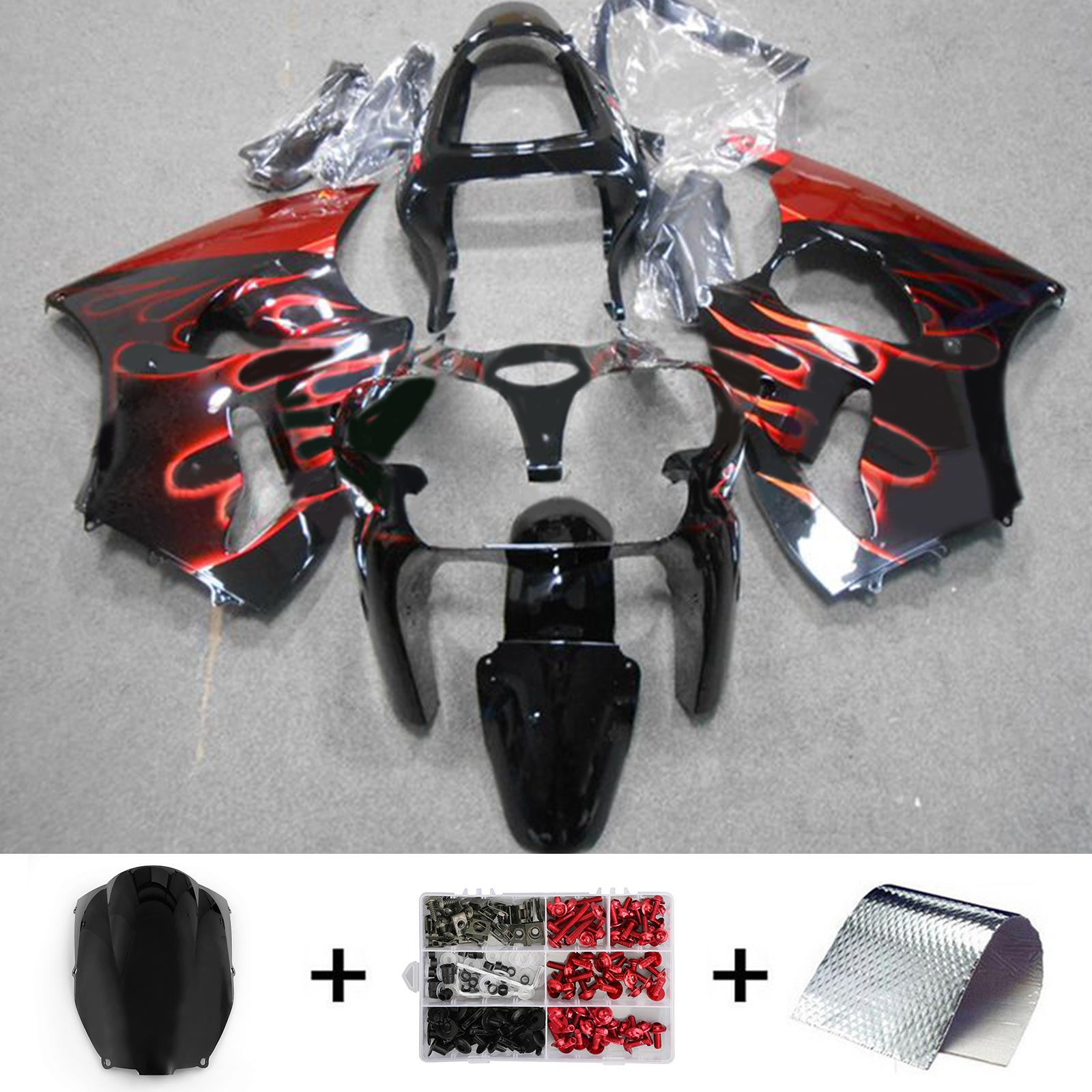 Amotopart ZX6R 636 2000-2002 ZZR600 2005-2008 Kawasaki Black with Red Flame Fairing Kit