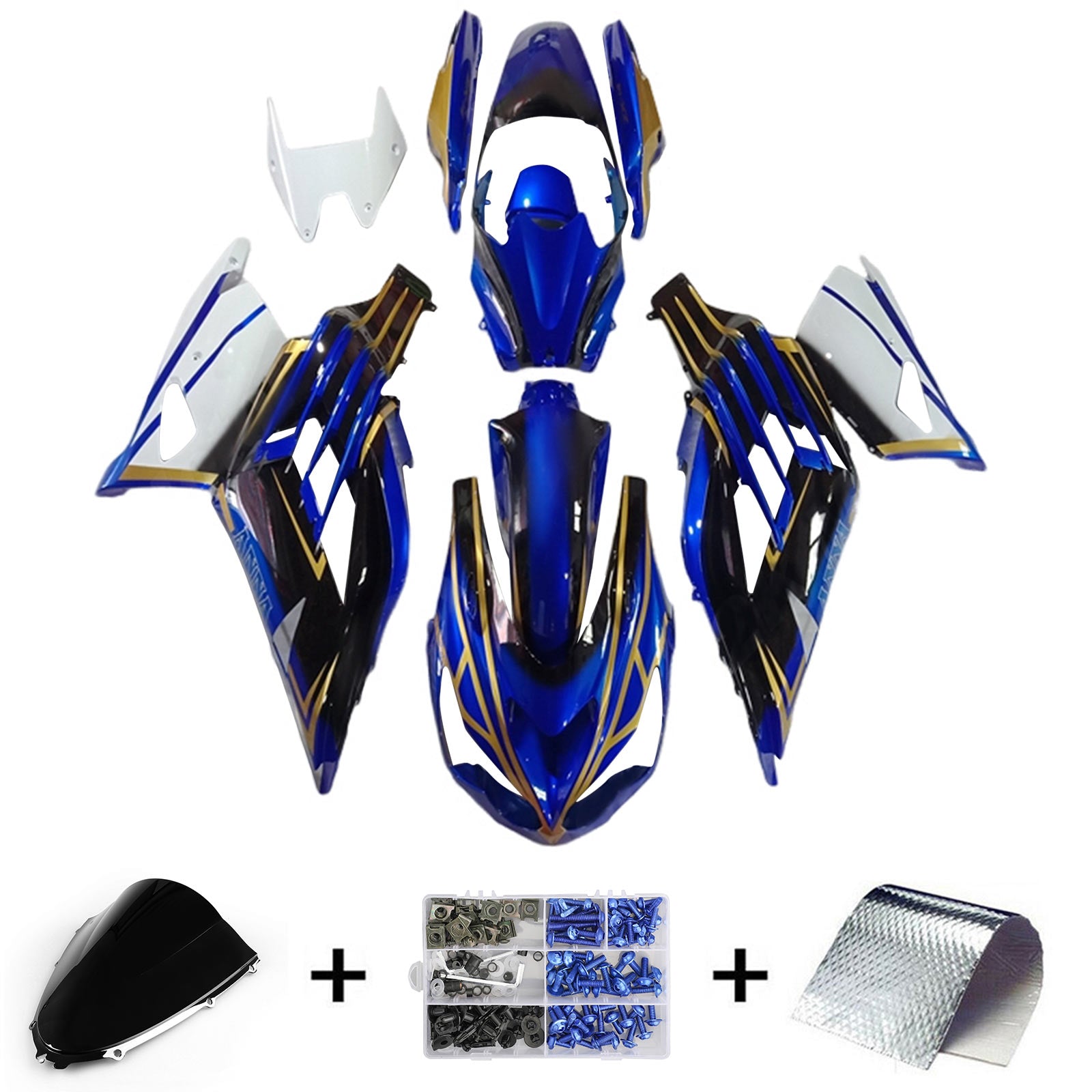 Amotopart 2012-2022 Kawasaki ZX14R ZZR1400 Kit de carenado negro azul blanco y dorado