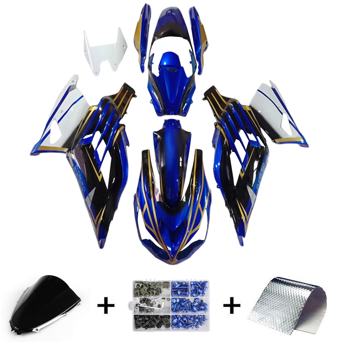 Amotopart 2012-2022 Kawasaki ZX14R ZZR1400 Kit de carénage noir bleu blanc et or