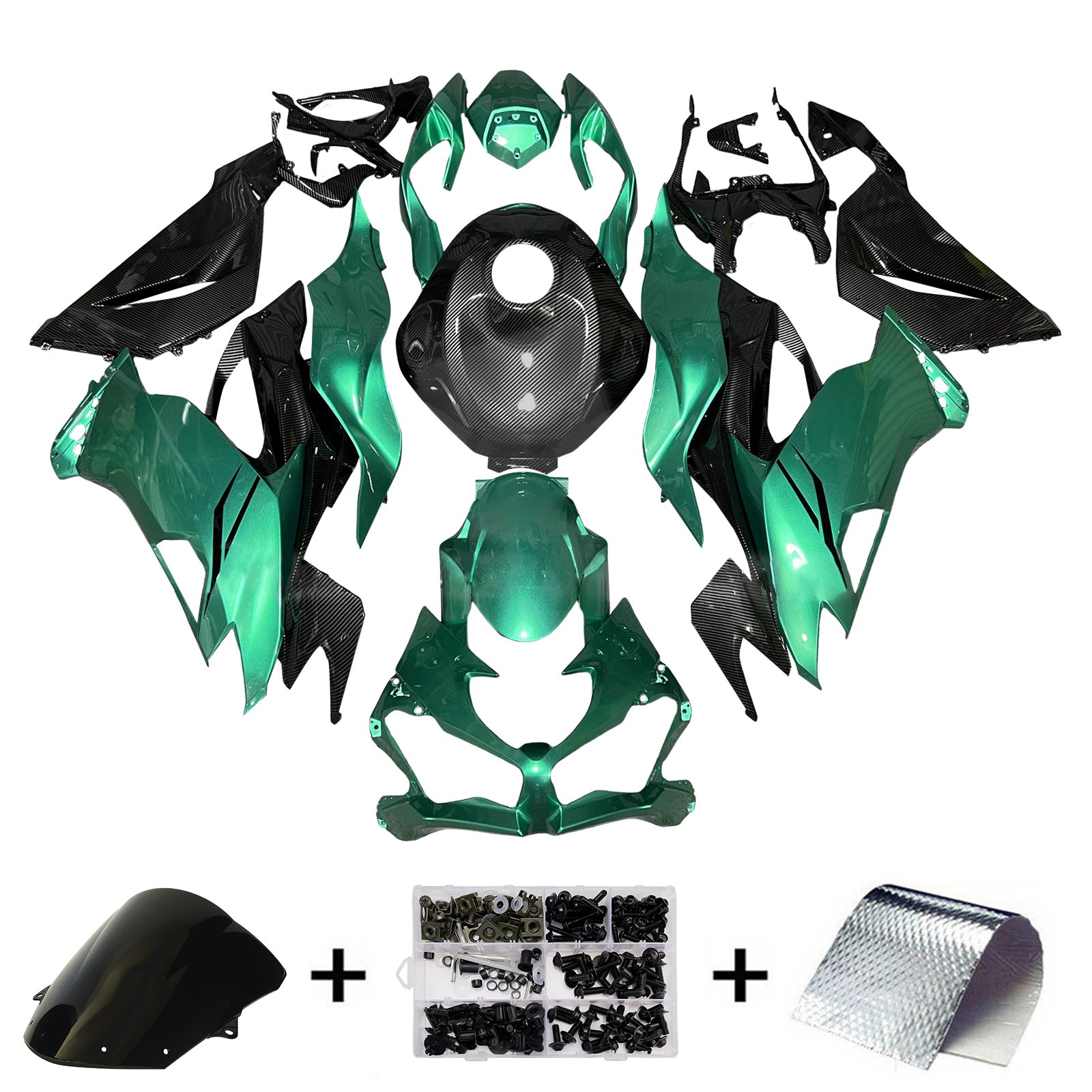Amotopart 2019-2023 Kawasaki ZX6R Green & Carbon Fiber Pattern Fairing Kit