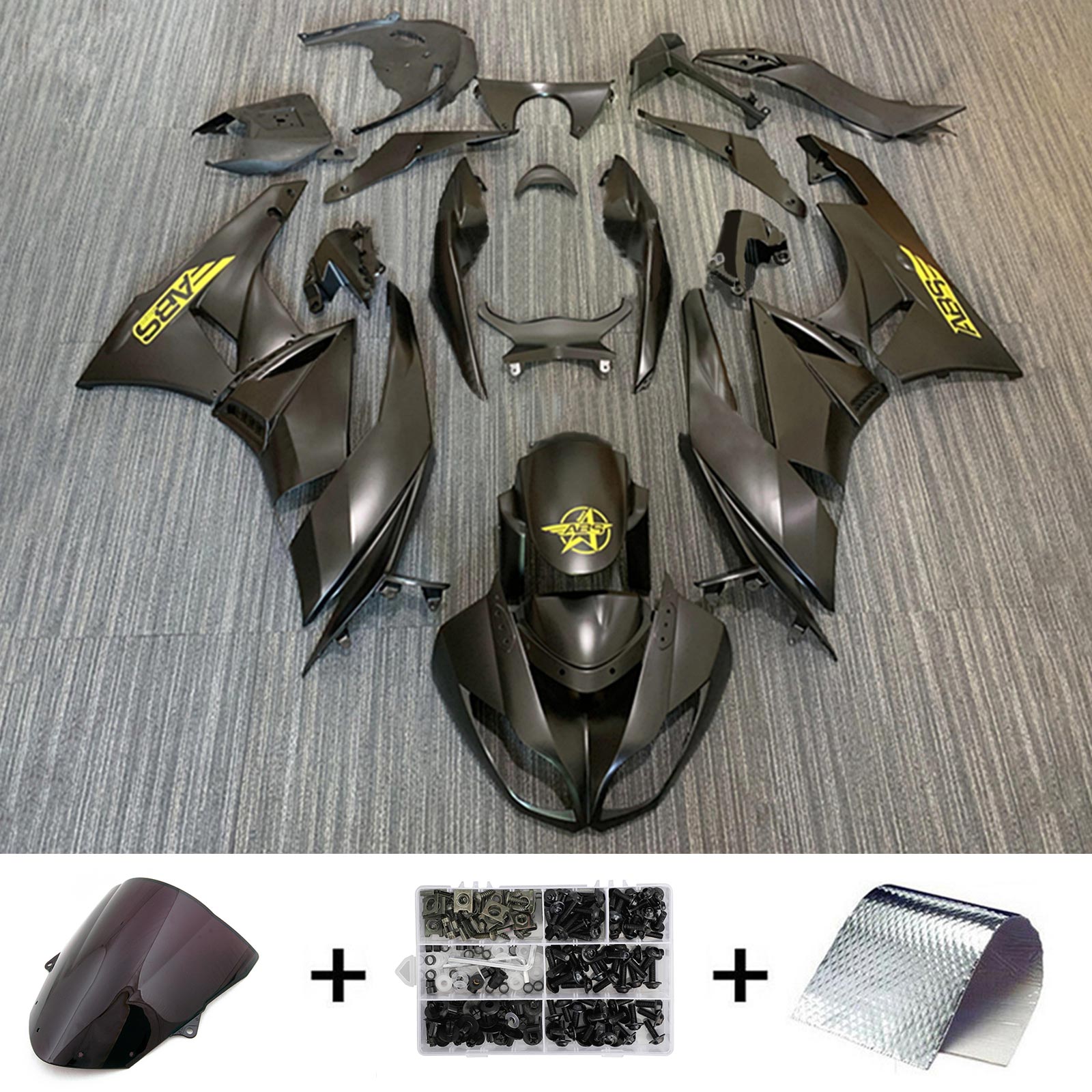 Amotopart Kawasaki 2009-2012 ZX6R 636 ブラック イエローロゴ付き フェアリングキット