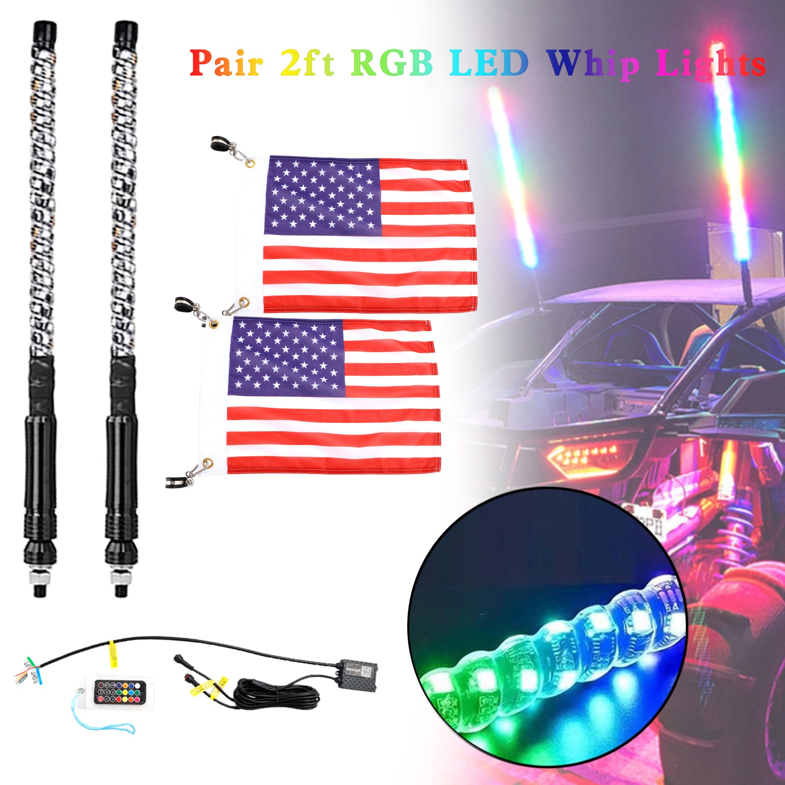 2X 2ft RGB LED APP Whip Lights Antenna W/ Flag Remote Control For Polaris UTV ATV