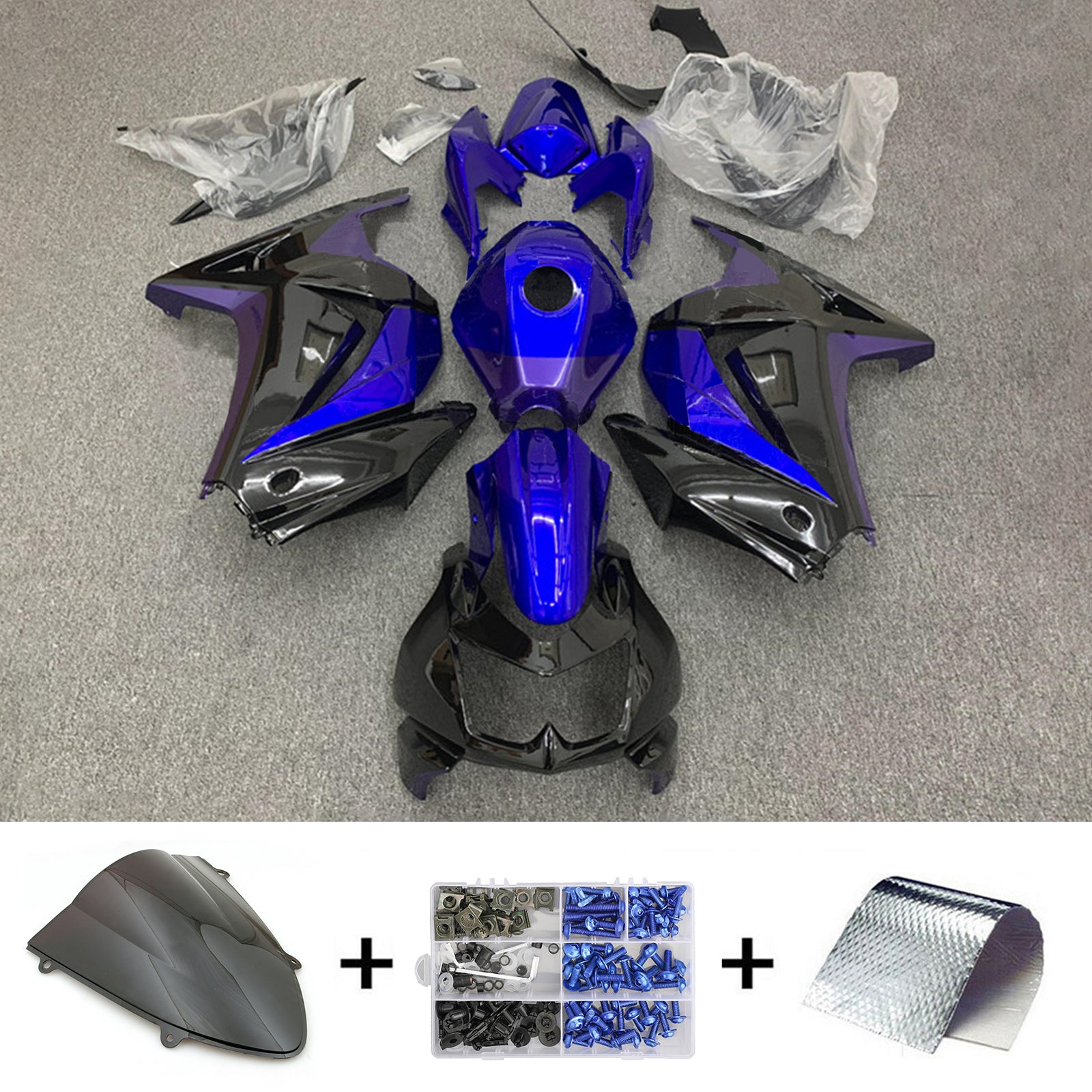 Amotopart 2008-2012 Kawasaki EX250 Ninja250R Kit de carenado azul y negro brillante