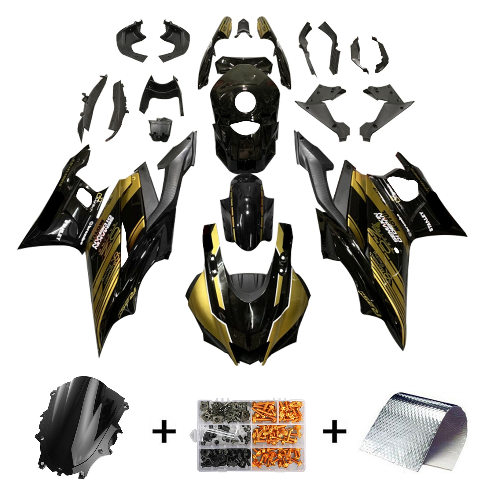 Amotopart 2022-2023 Yamaha YZF-R3 R25 Kit de carenado dorado y negro