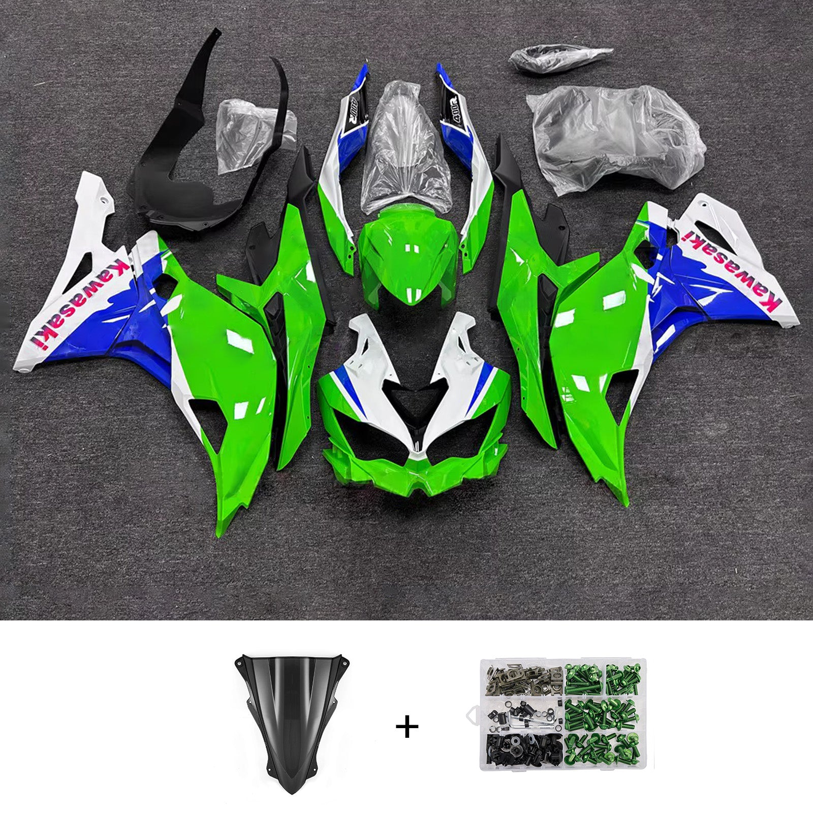 Amotopart 2019-2022 Kawasaki Ninja ZX-25R 2023-2025 Kawasaki Ninja ZX-4R/ZX-4RR Green Blue White Fairing Kit