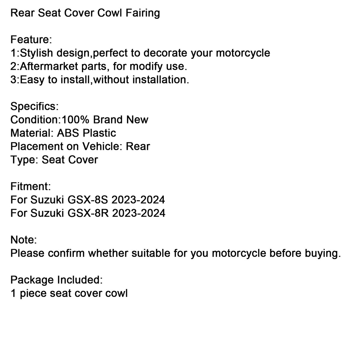 2023-2025 Suzuki GSX-8S GSX8S GSX-8R Nero opaco Coprisedile posteriore Carenatura