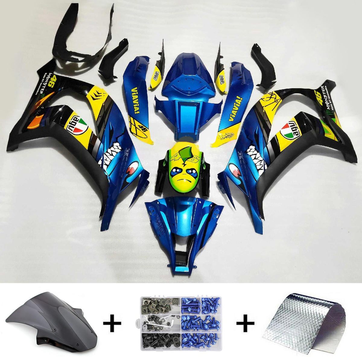 Amotopart 2011-2015 Kawasaki ZX10R Kit de carénage Monster bleu et jaune