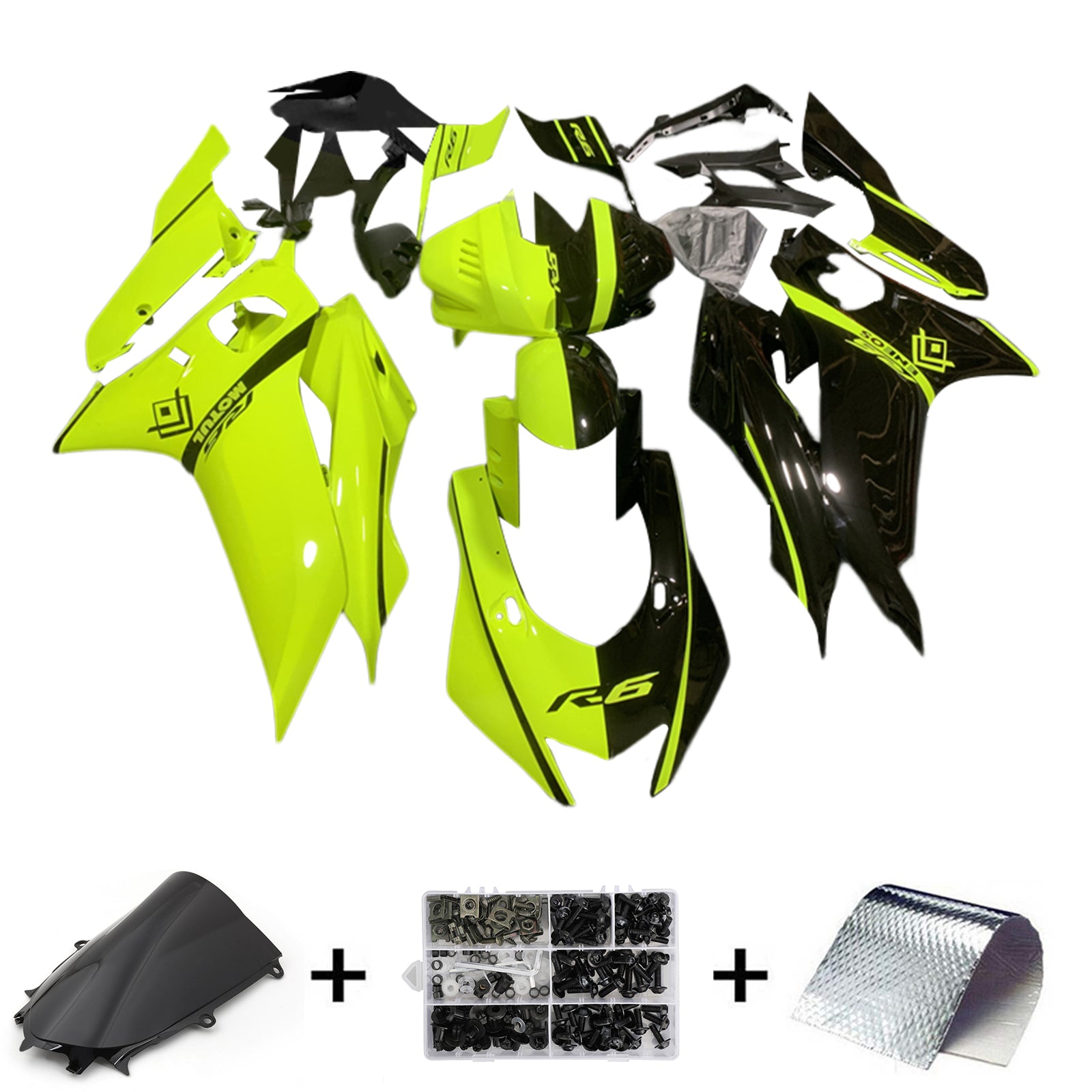 Kit de carénage Amotopart Yamaha YZF-R6 2017-2023 noir et jaune fluo