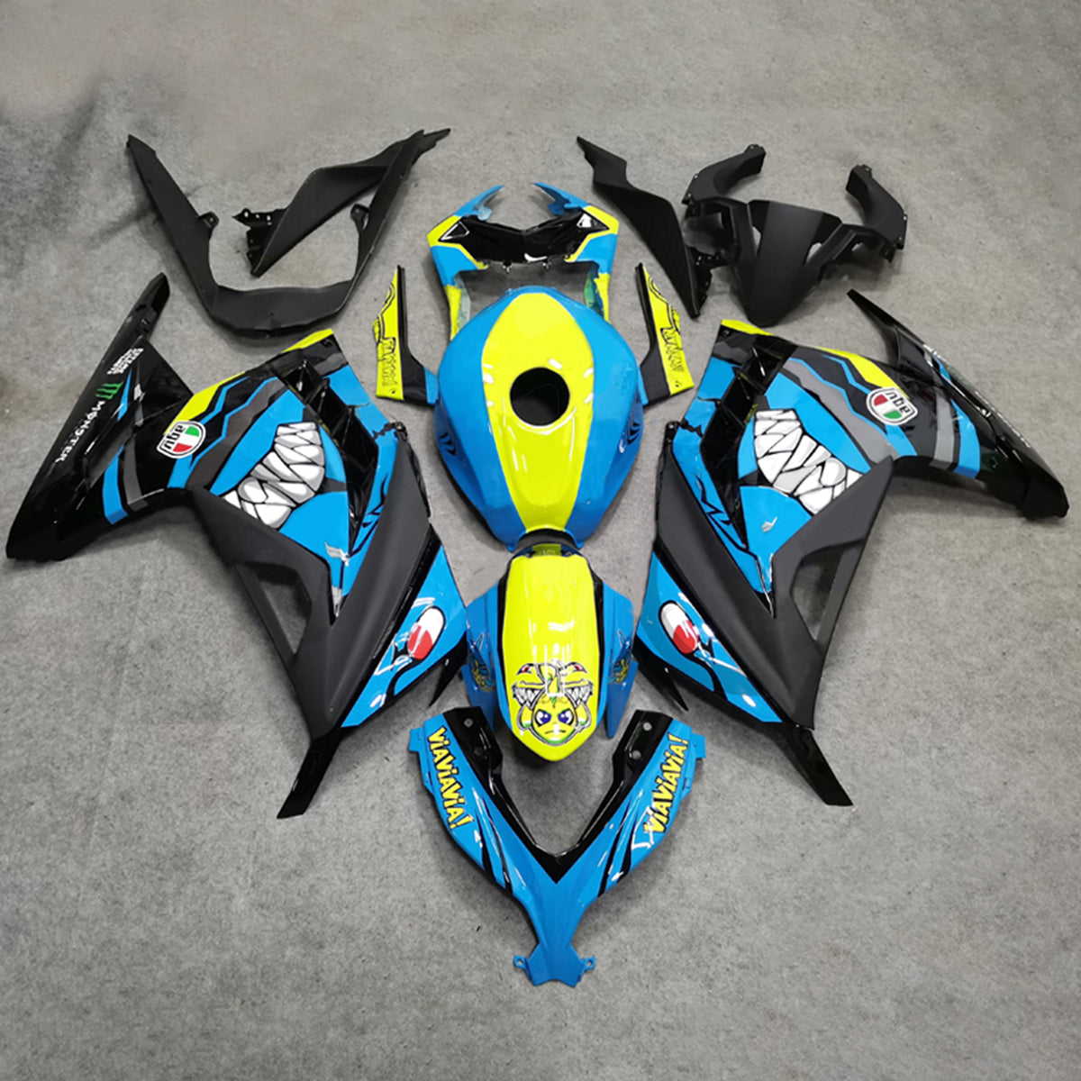 Amotopart 2013-2024 Kawasaki EX300/Ninja300 Shark Teeth Blue&Yellow Fairing Kit
