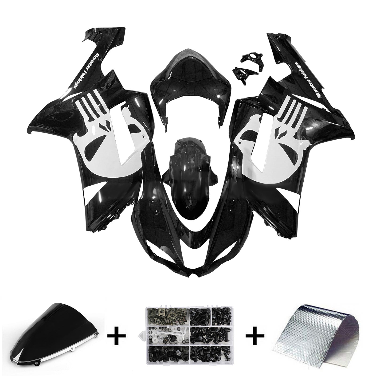 Amotopart 2007-2008 Kawasaki ZX6R 636 GLAGSSY WEISS Schwarzer Verkleidung Kit