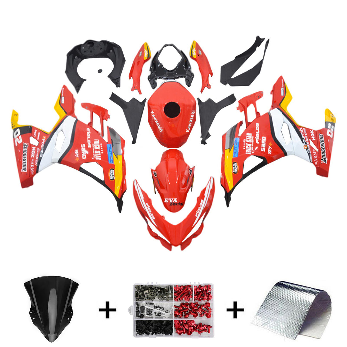 Amotopart Kawasaki 2018-2023 EX400/Ninja400 Kit carena rosso e giallo