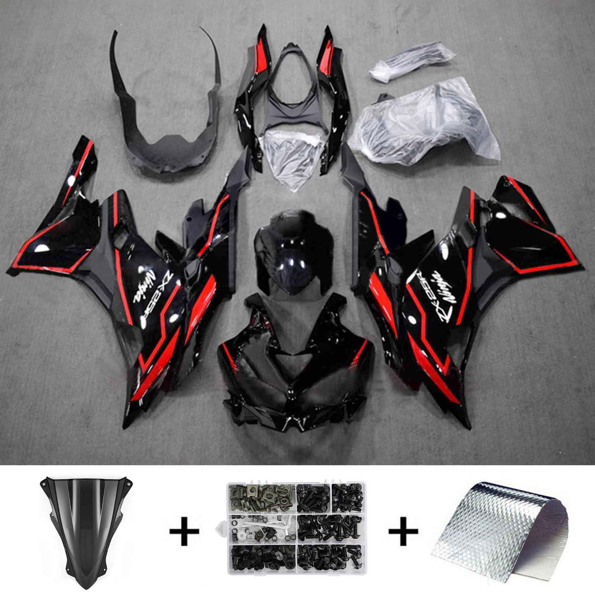 Amotopart 2019-2024 Ninja ZX-25R ZX-4R ZX-4RR Kawasaki Kit de carénage à rayures noires et rouges