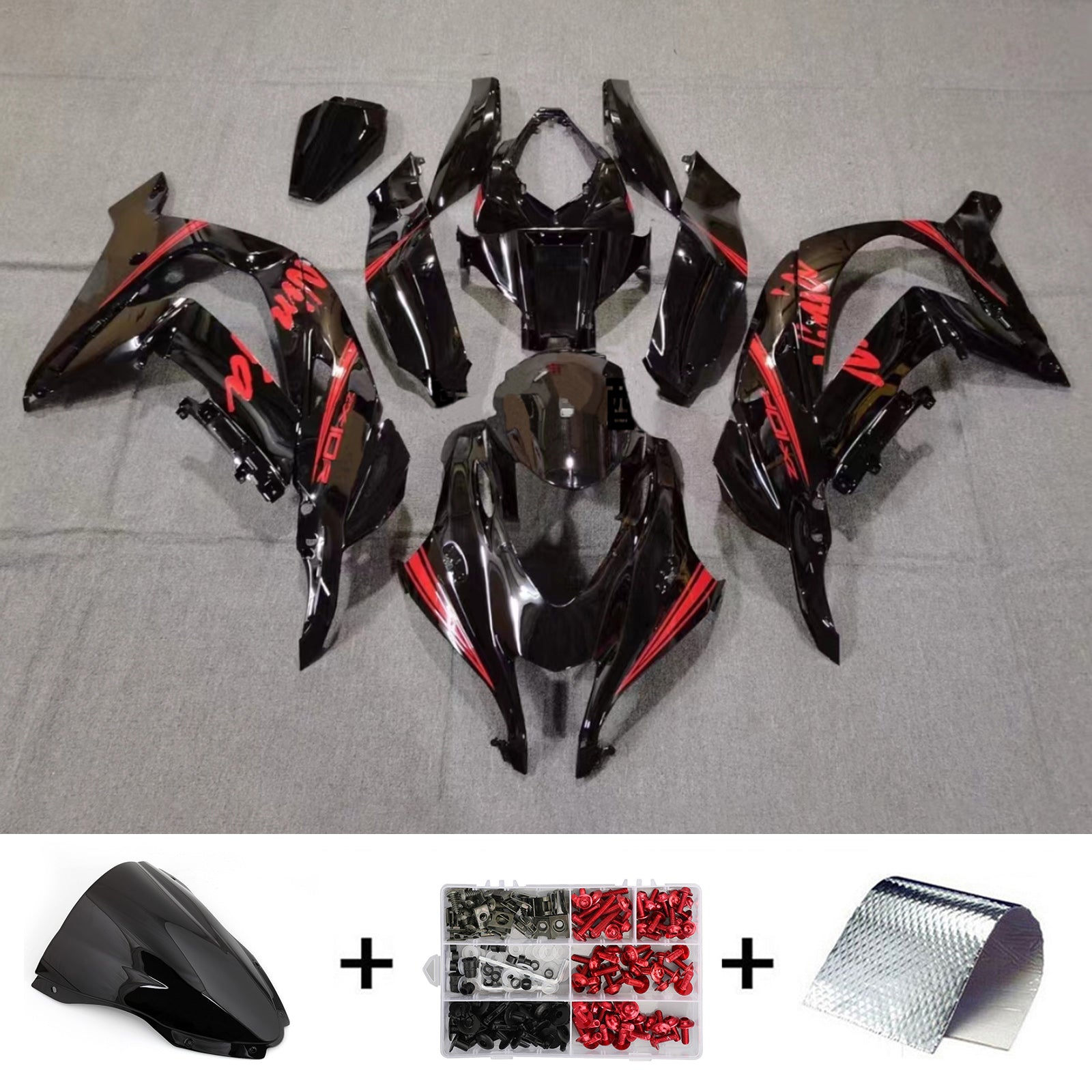 Amotopart 2016-2020 Kawasaki ZX10R Kit de carénage noir brillant et rouge