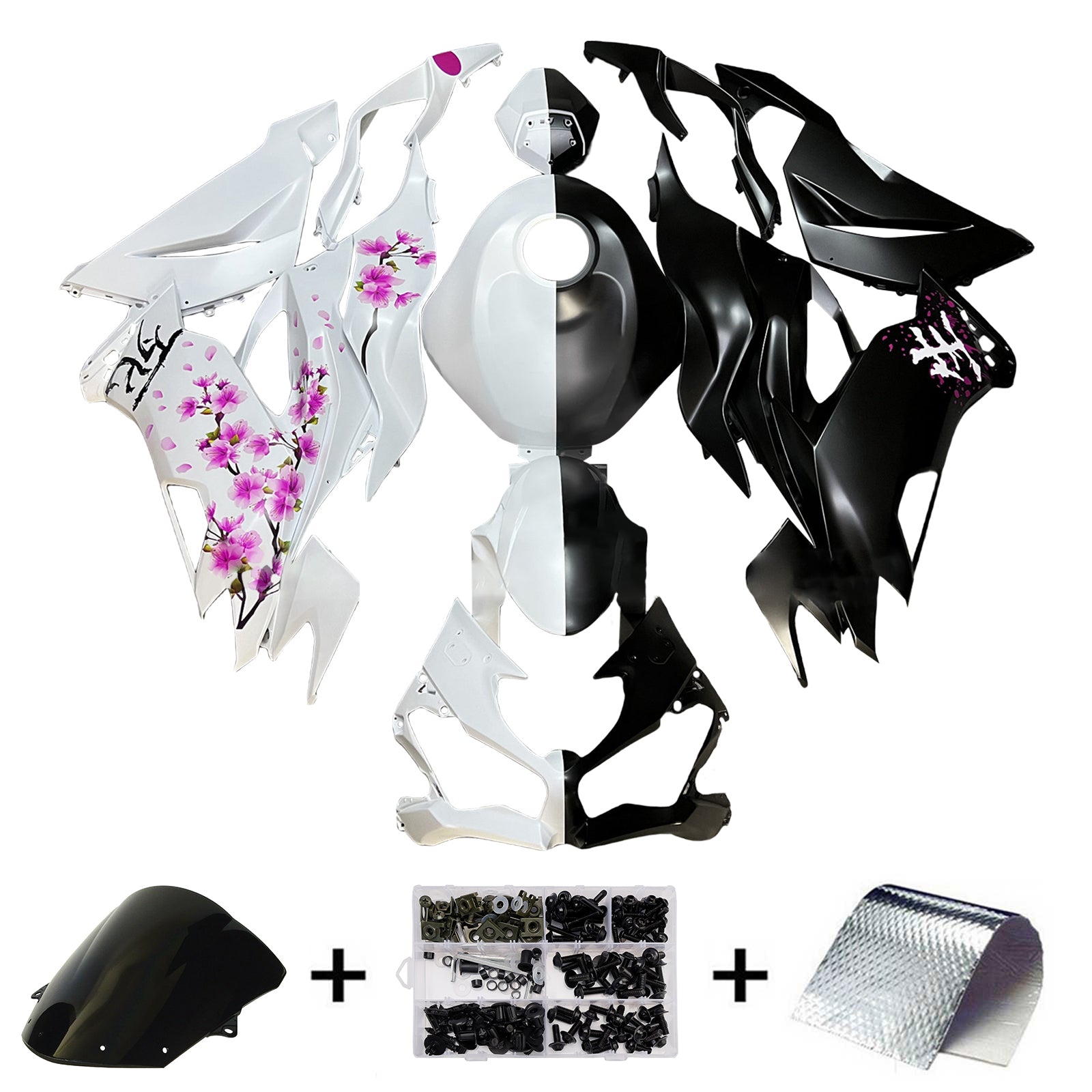 Amotopart 2019-2023 Kawasaki ZX6R Black White Pink Pattern Fairing Kit