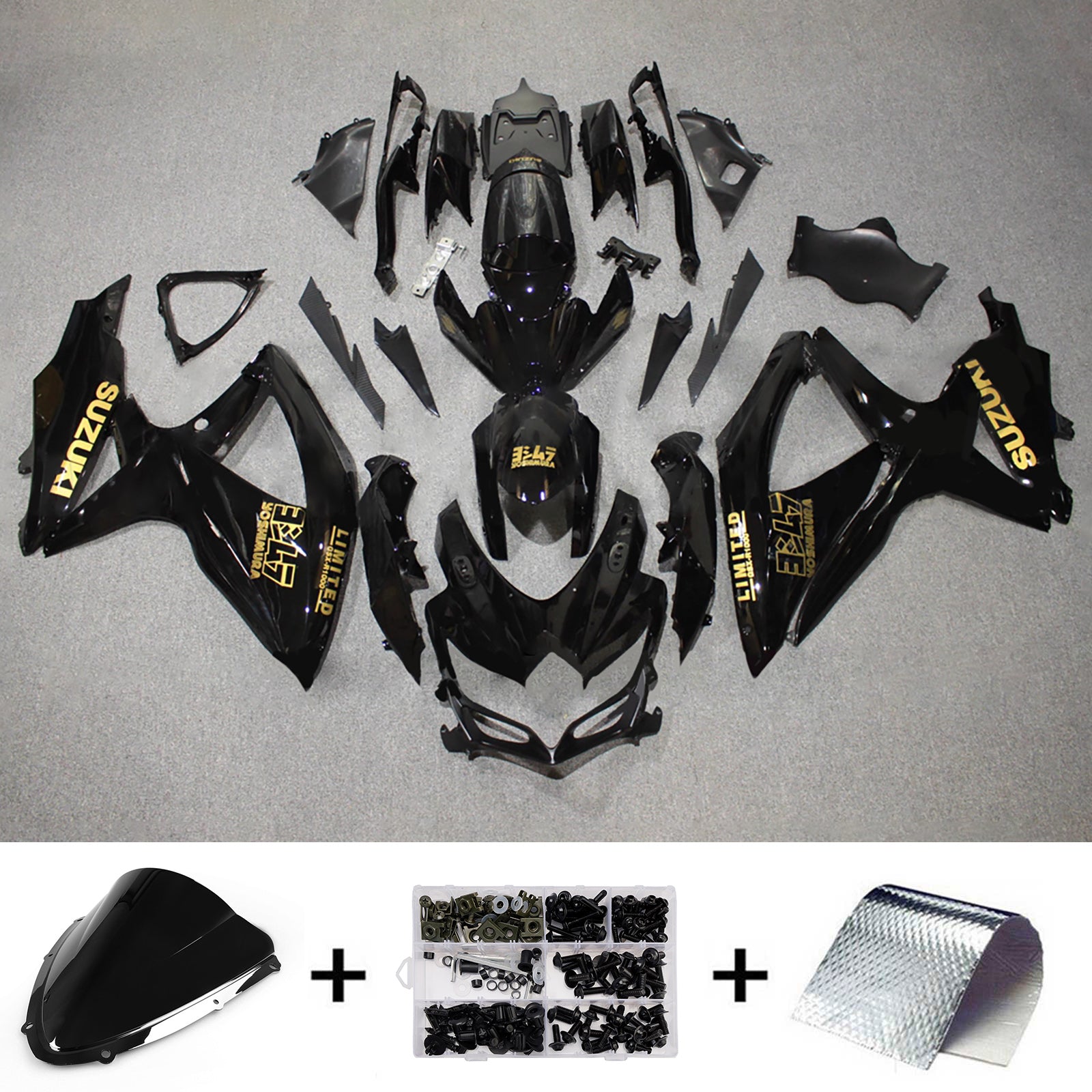 Amotopart 2008–2010 Suzuki GSXR 600/750 Schwarz-Gold-Verkleidungsset