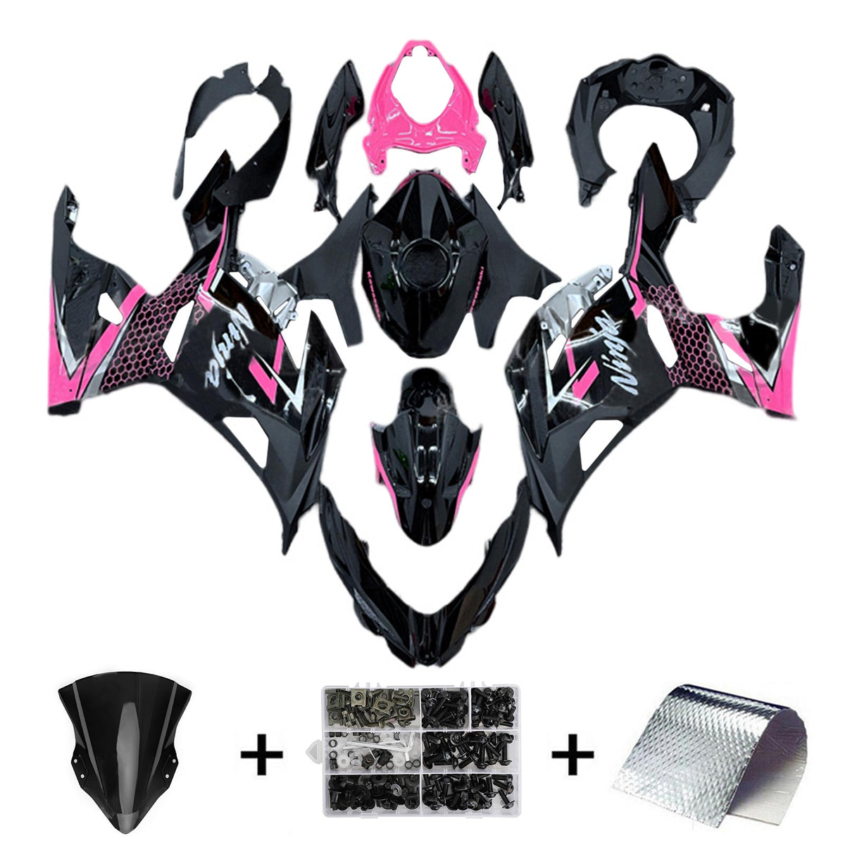 Amotopart 2018-2024 Kawasaki EX400 Ninja400 Schwarz-Pink-Verkleidungssatz