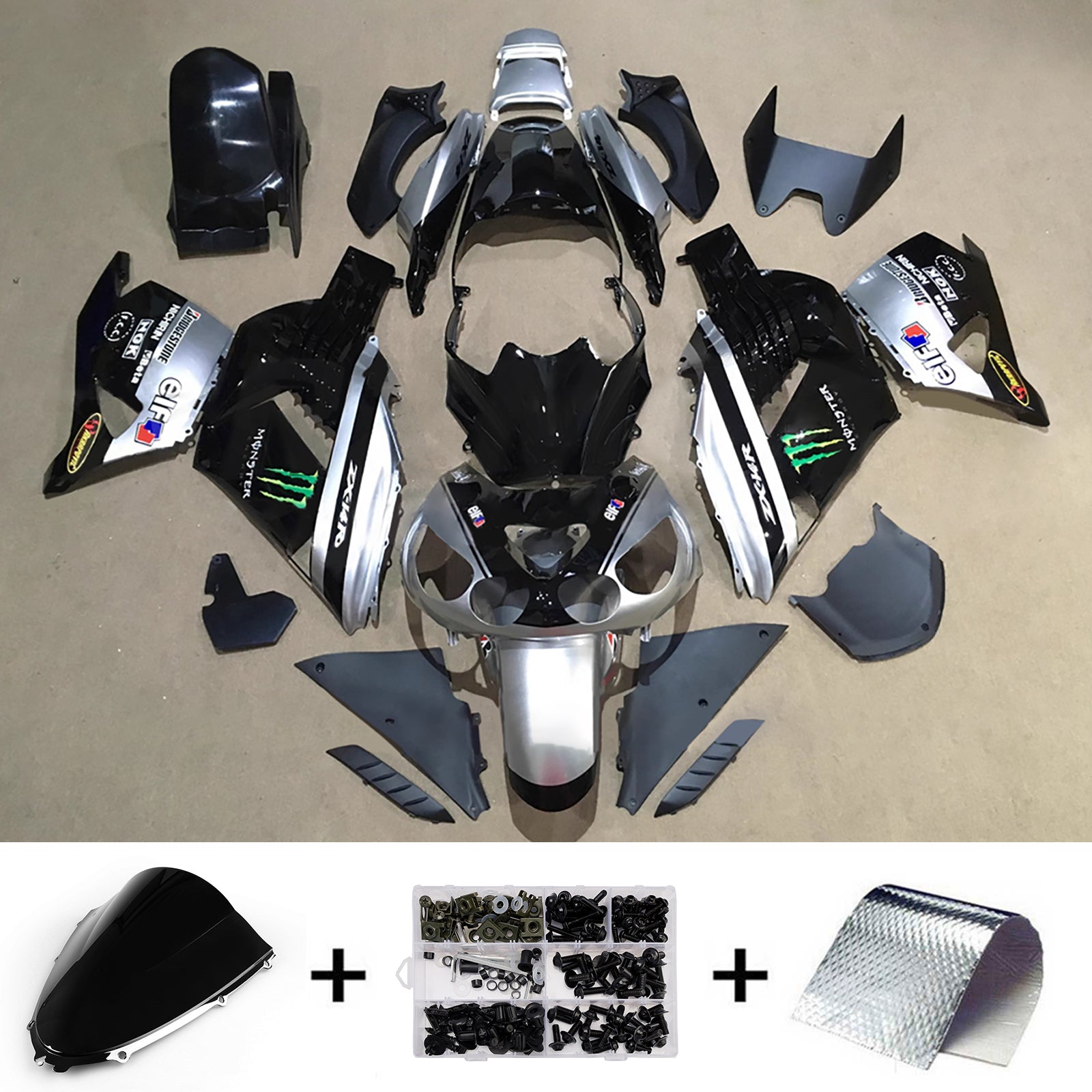 Amotopart 2012-2025 Kawasaki ZX14R ZZR1400 Black Silver Fairing Kit