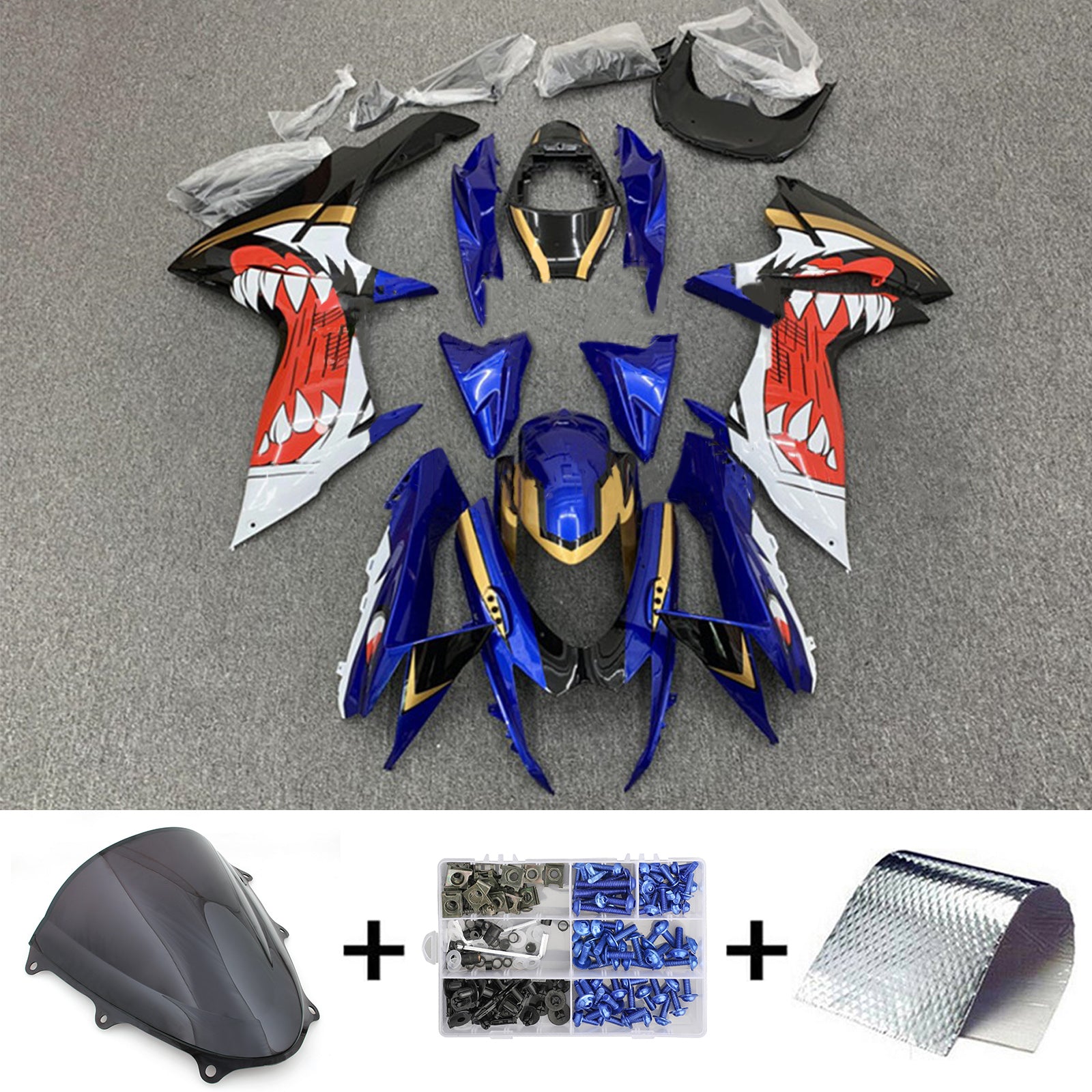 Amotopart 2011-2024 GSXR 600/750 スズキ グロスブルー&レッドシャークティース フェアリングキット