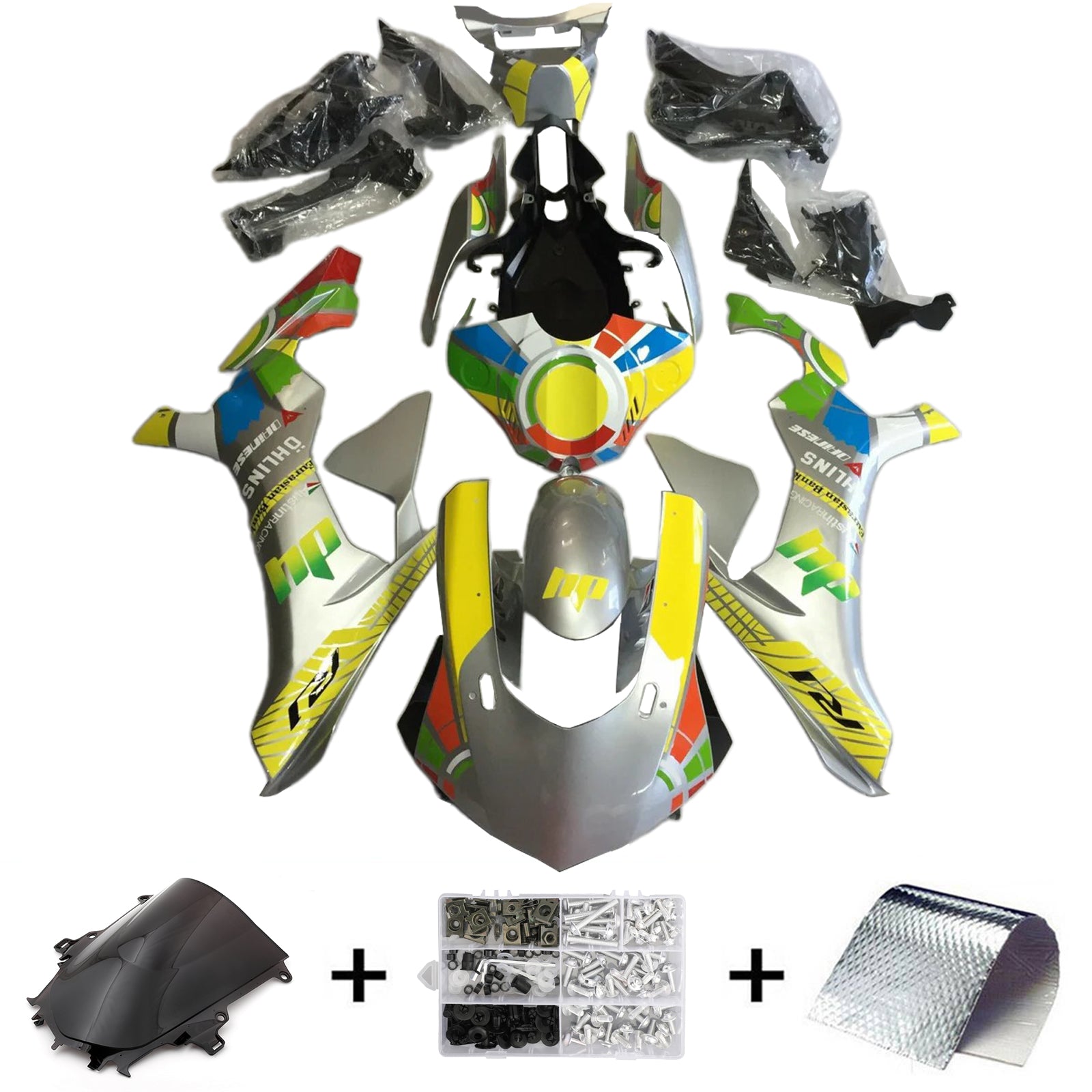 Amotopart 2020-2024 Yamaha YZF R1 Kit de carenado blanco plateado amarillo