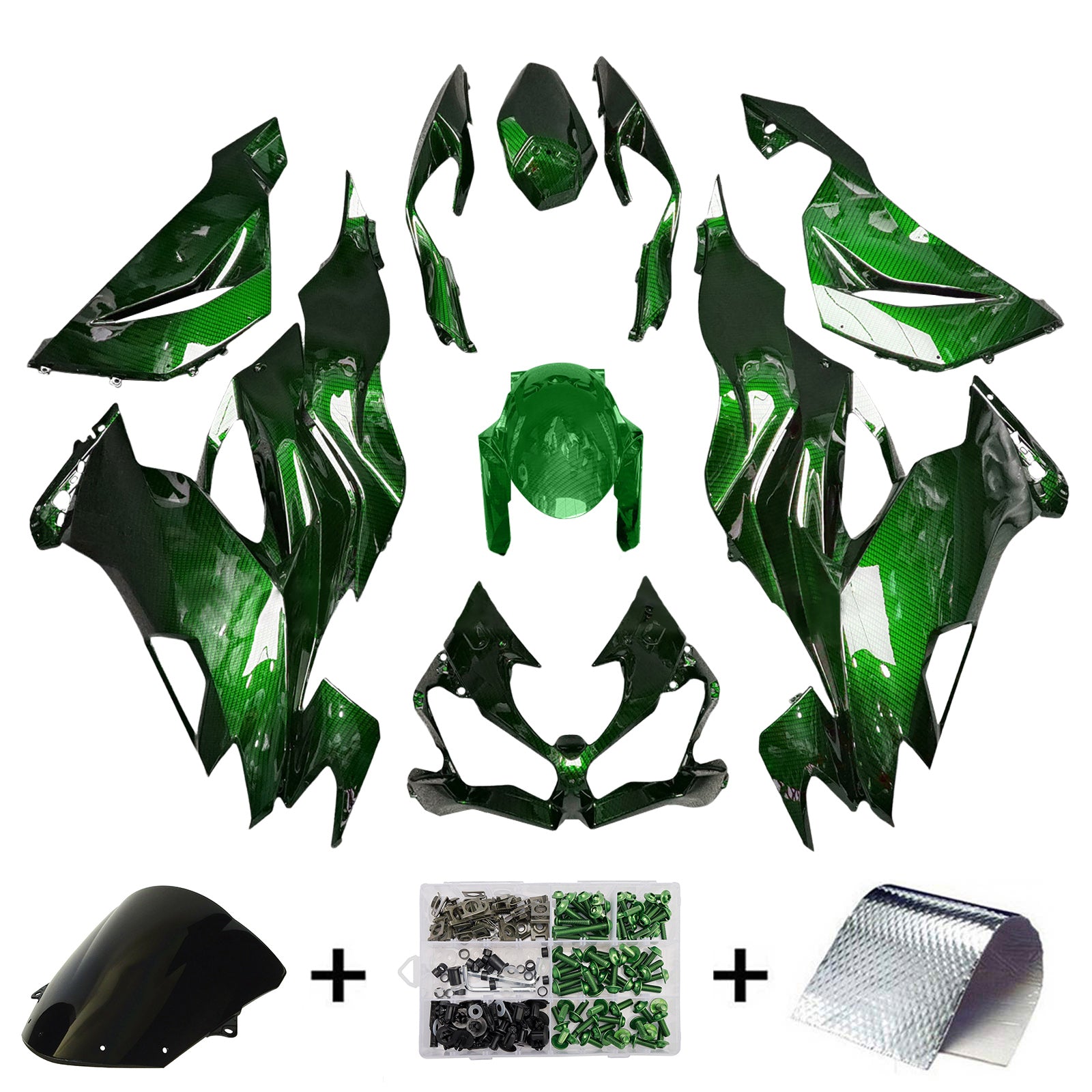 Amotopart 2019-2023 Kawasaki ZX6R Green Carbon Fiber Pattern Fairing Kit