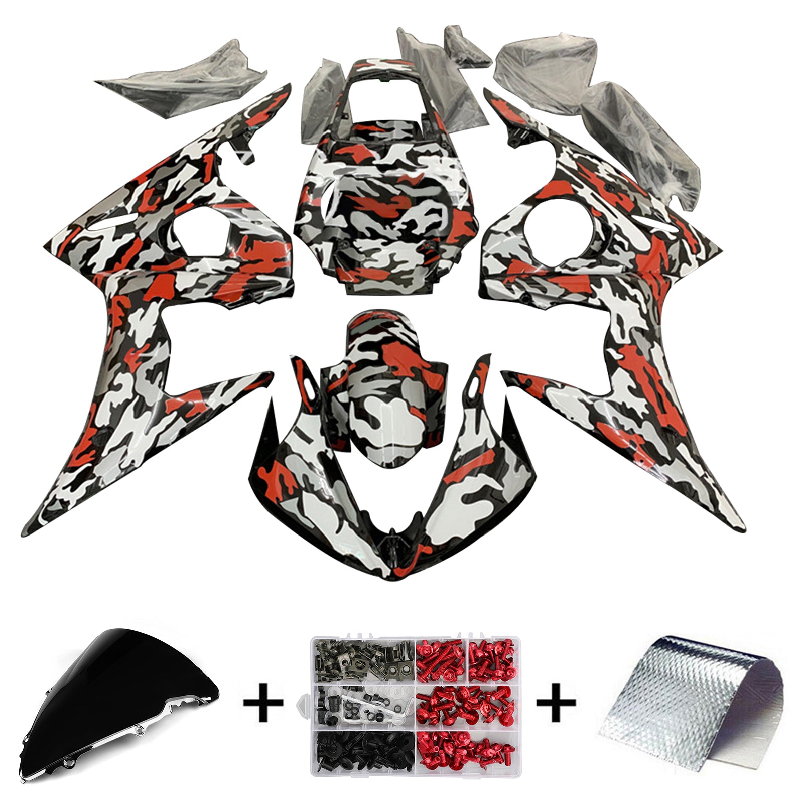 Amotopart Yamaha YZF 600 R6 2003-2004 R6S 2006-2009 Kit de carénage rouge camouflage