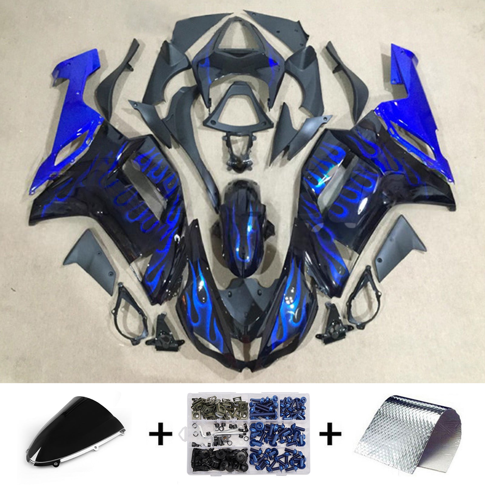Amotopart 2007-2008 Kawasaki ZX6R 636 Glossy Black Blue Fairing Kit
