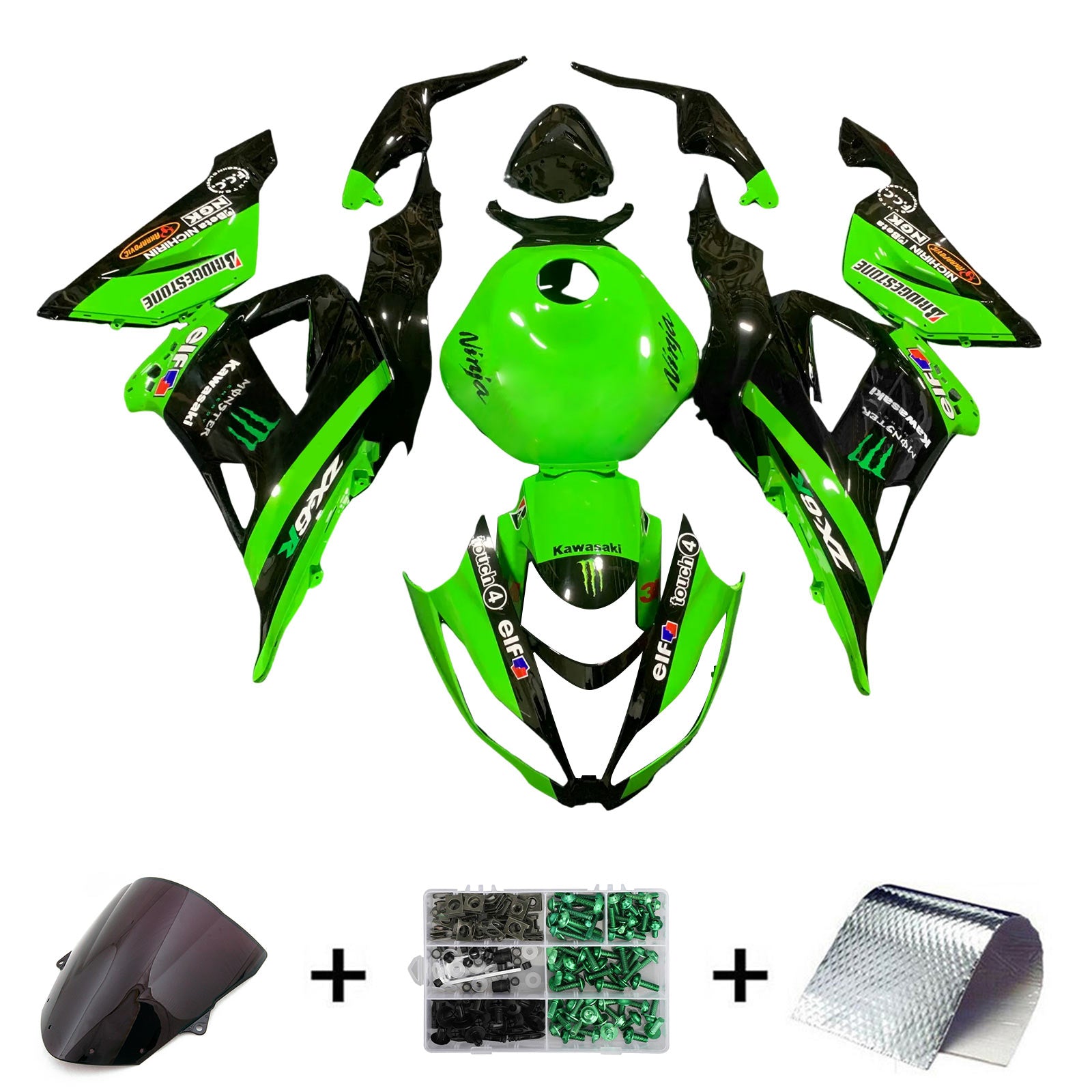 Kit carena Amotopart 2013-2018 Kawasaki ZX6R 636 verde nero