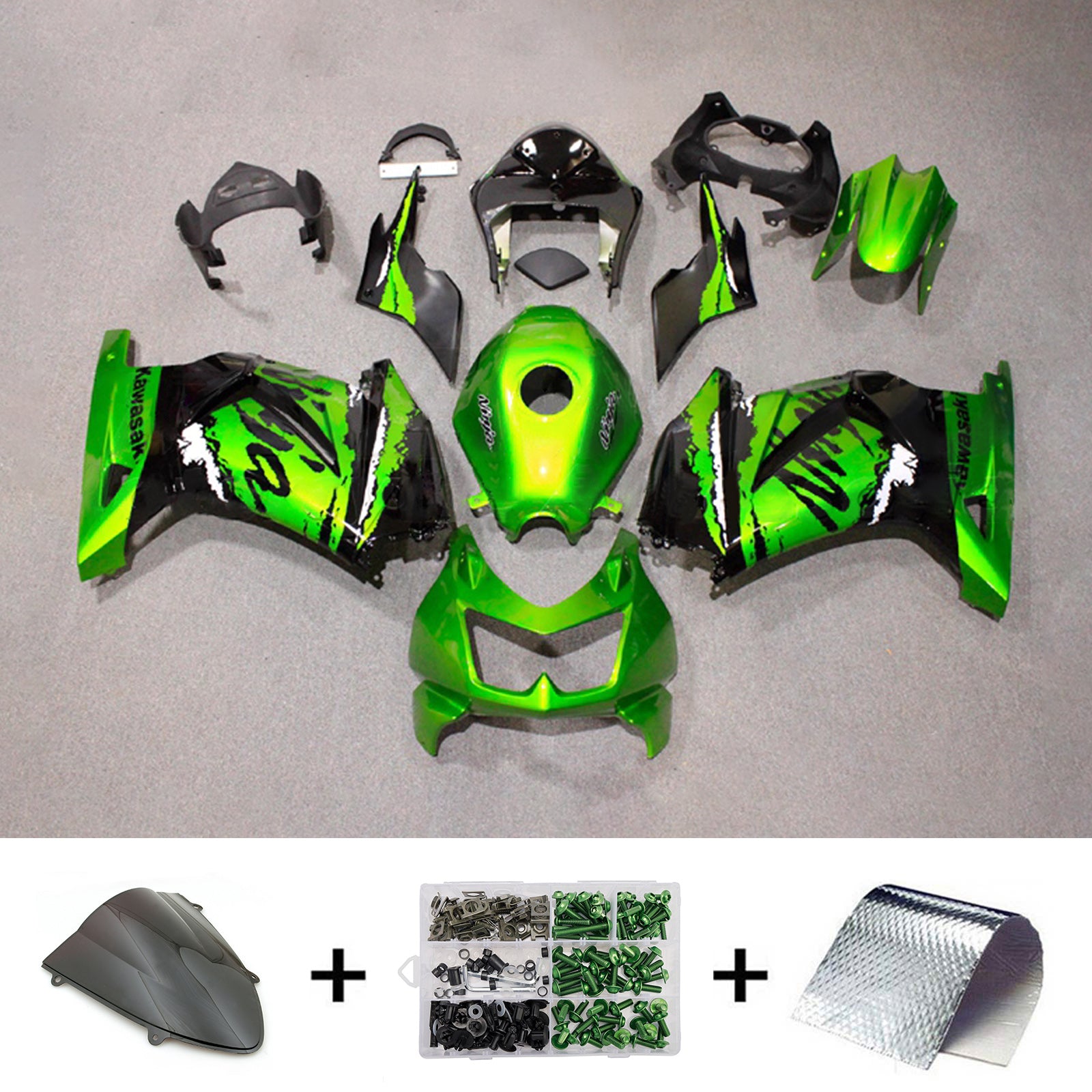 Amotopart 2008-2012 Kawasaki EX250/Ninja250R Green Black Fairing Kit