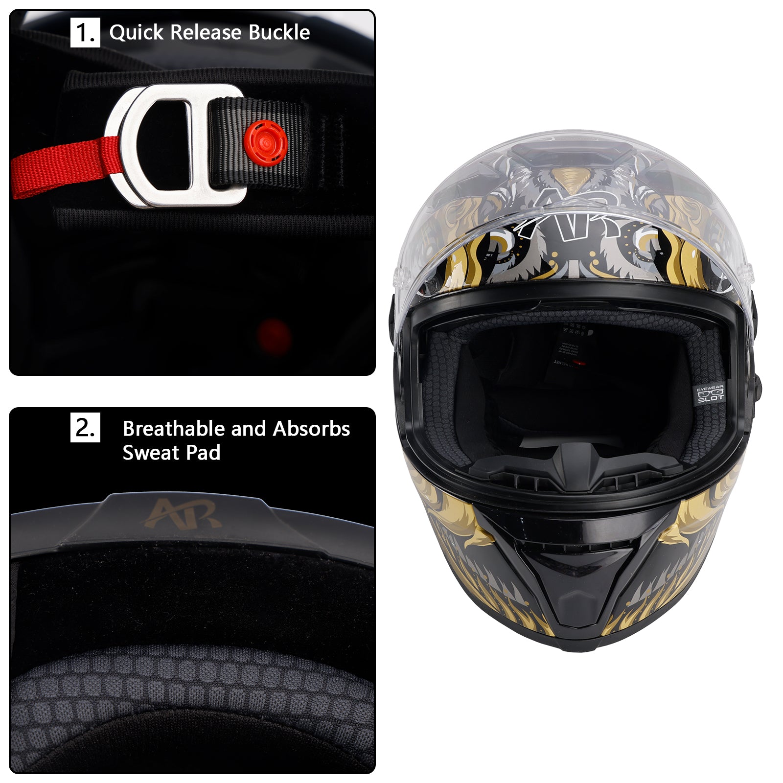 Amotopart DOT Motorcycle Helmet Adult Street Full Face Black gold