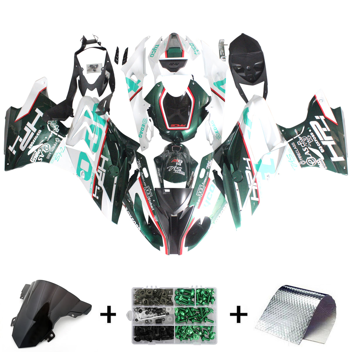 Kit de carénage Amotopart BMW S1000RR 2015-2016 vert et blanc