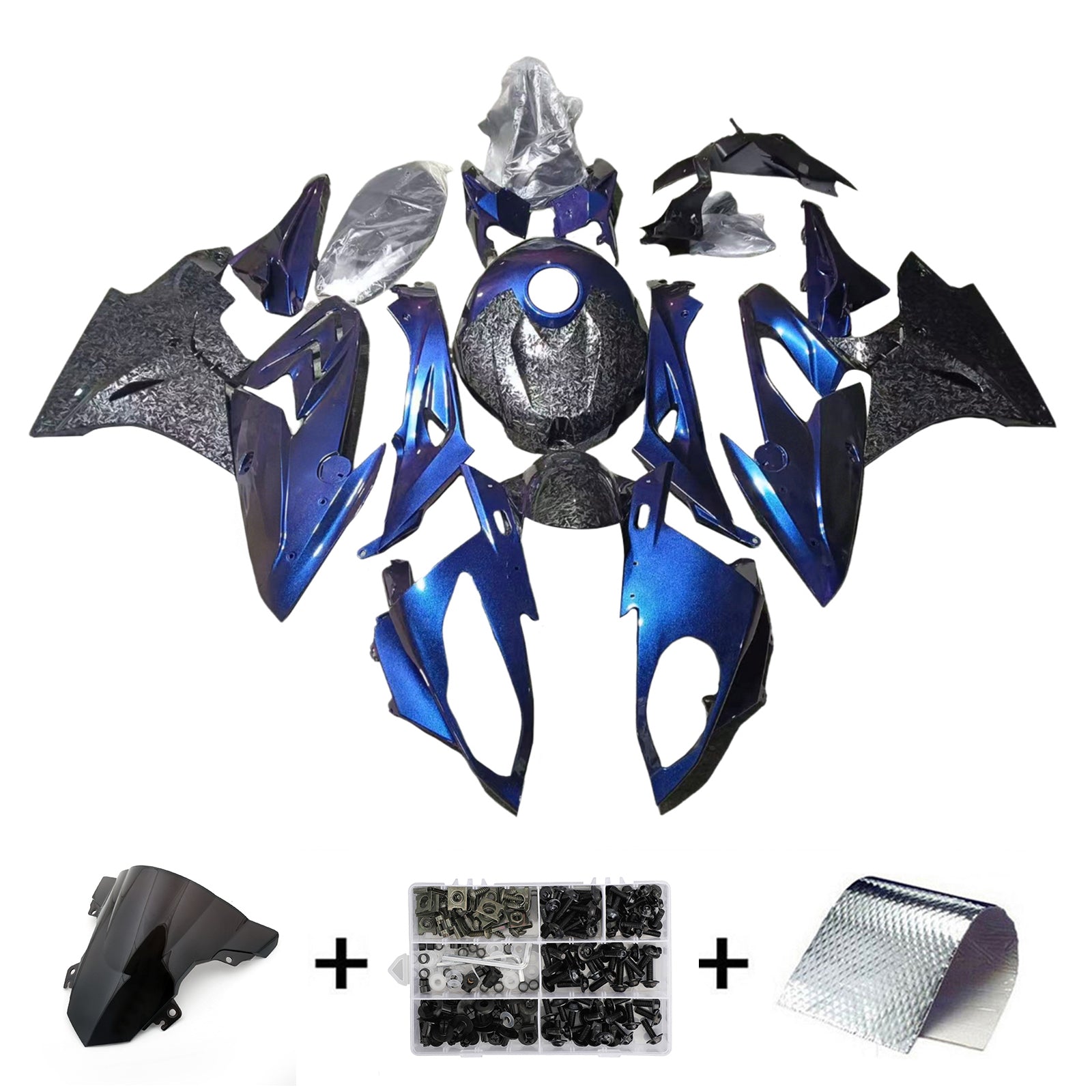 Amotopart BMW S1000RR 2015-2016 Farbverlauf Lila Blau&Verkleidungssatz aus Kohlefaser-Marmor